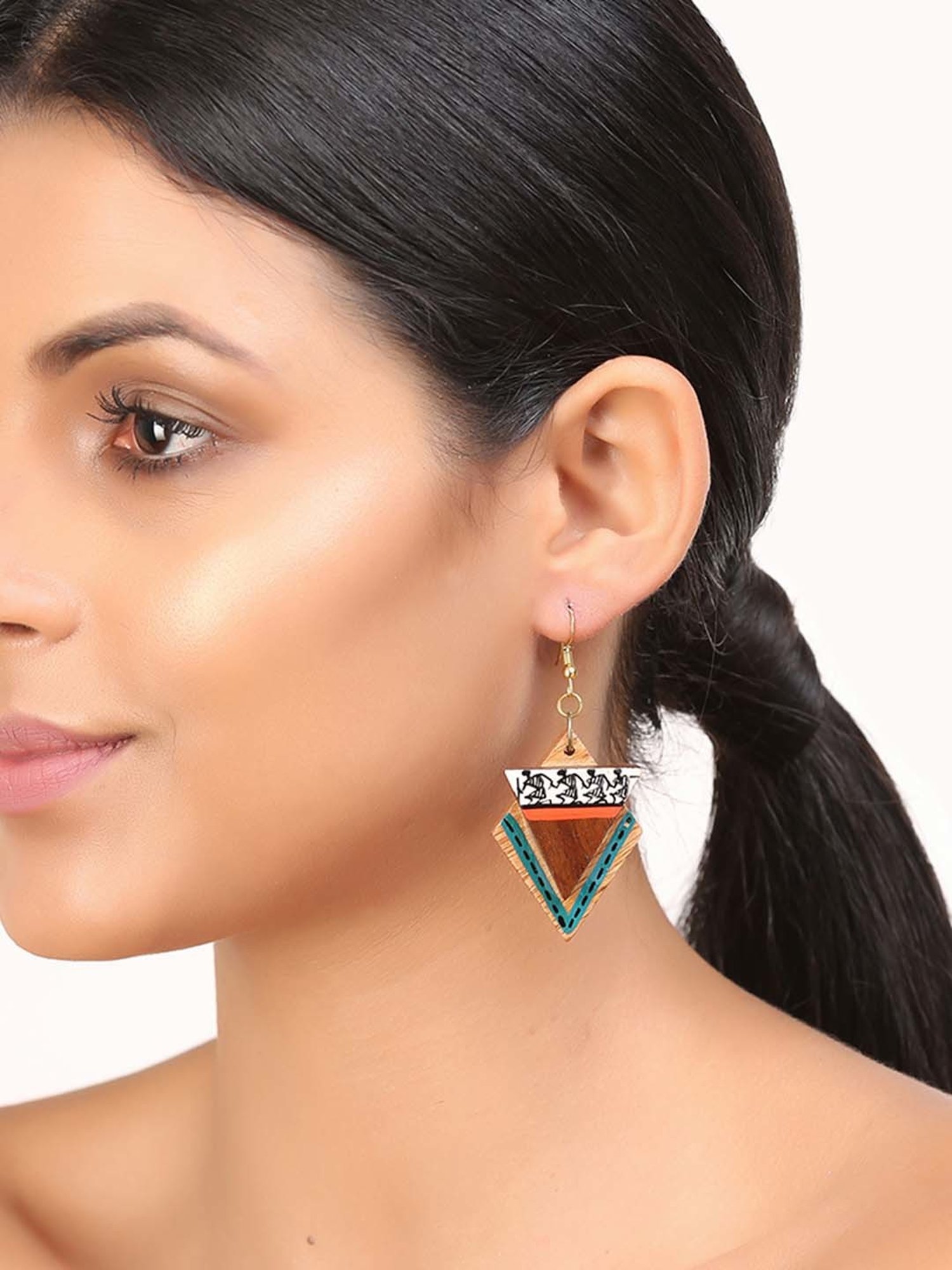 ExclusiveLane 'Dancing Tribal Warli' Brown & White Handpainted Earrings (Warli Art in Sheesham Wood)