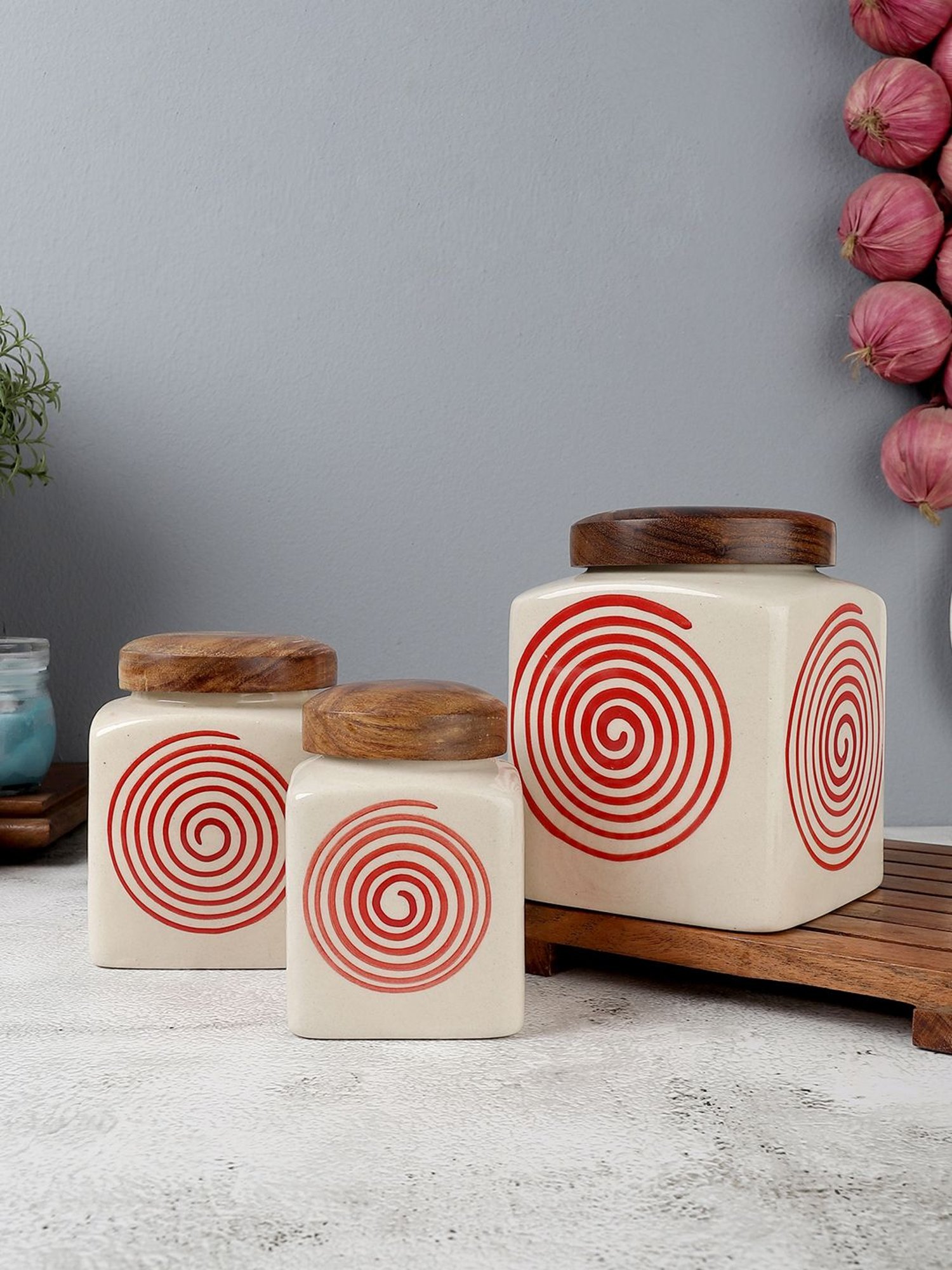VarEesha Red Square Ceramic Jars - Set of 3
