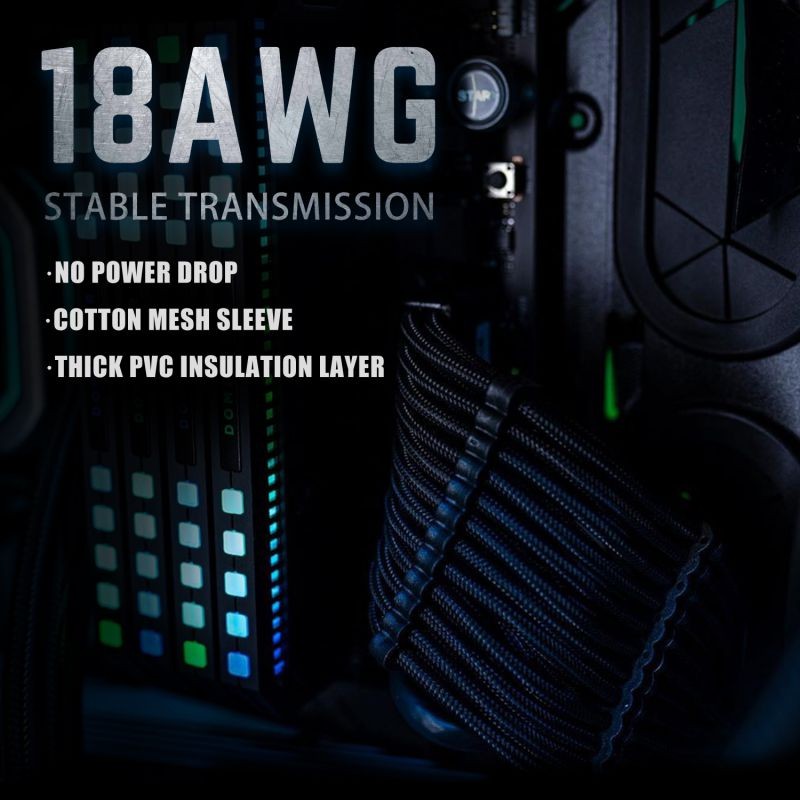 Graphics Card 6+2Pin 8Pin Male to Male Adapter Power Cable for Great Wall Dragon Module Power Supply with Net Cover,Black,about 58cm