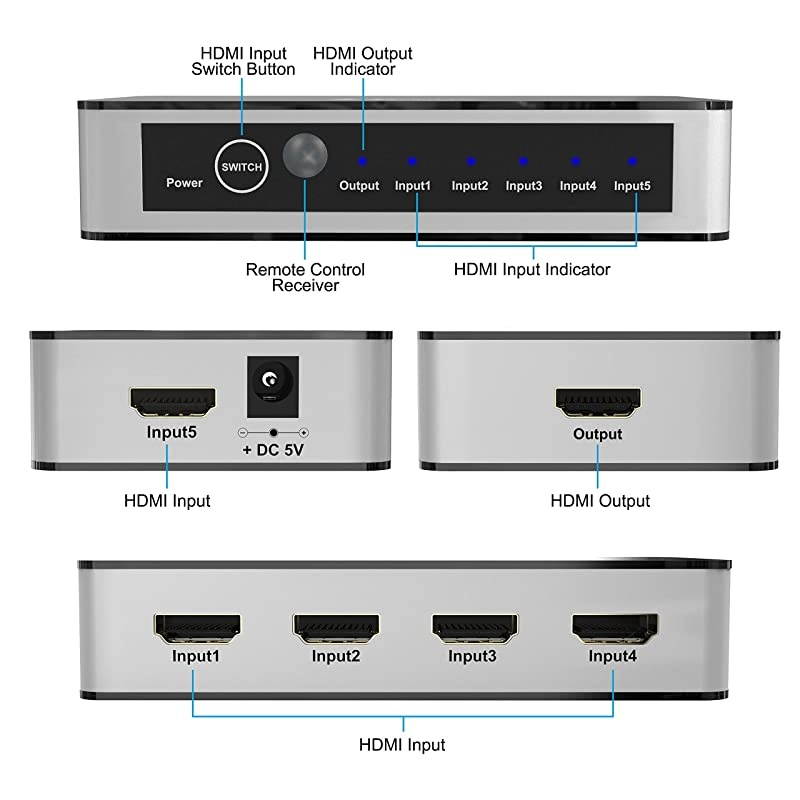 HDMI Premium 5 Port 5X1 Switch/Switcher Version 2.0 4K x 2K @60Hz Full 3D Support HDCP 2.2 for Input DVD PS4 Blue-Ray to Output HDTV