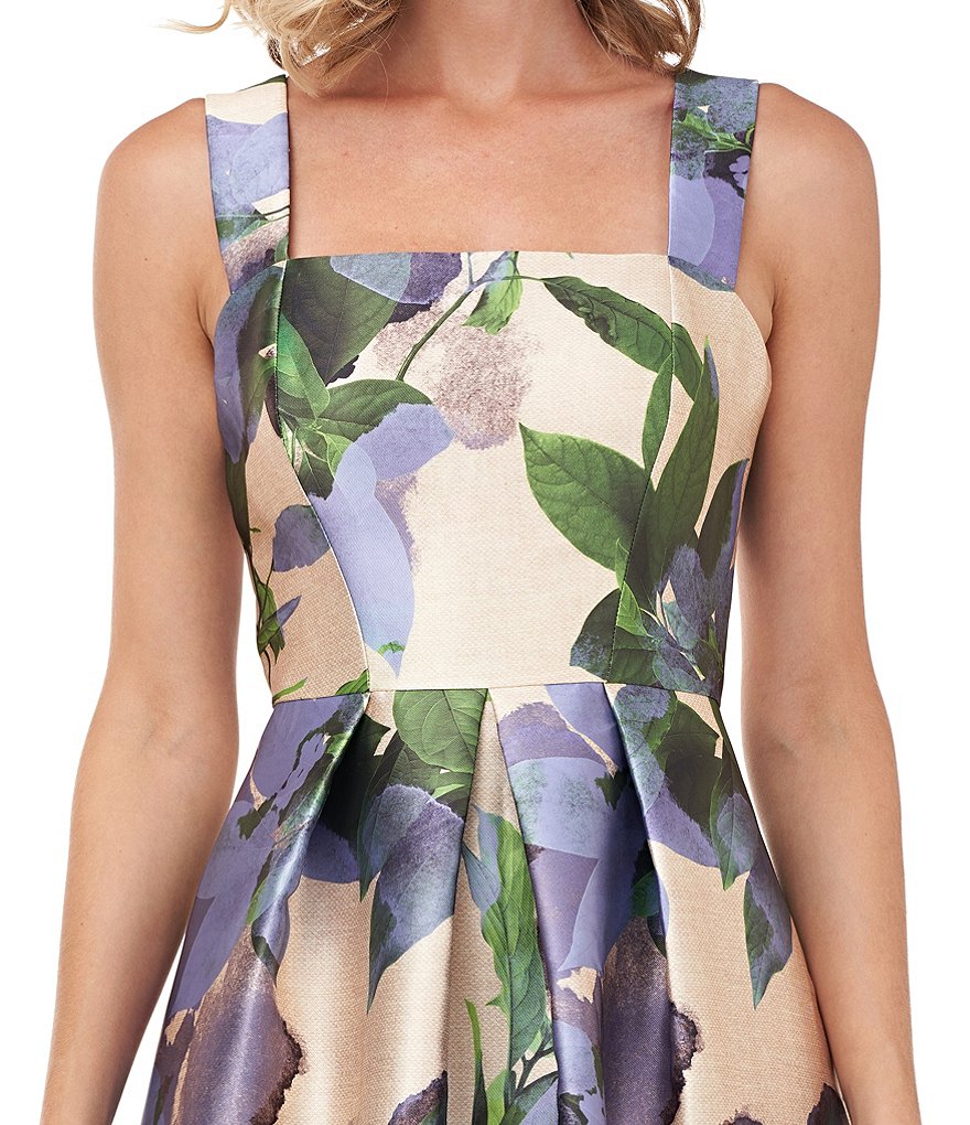 Kay Unger Brittney Printed Floral Mikado Square Neck Sleeveless Ball Gown