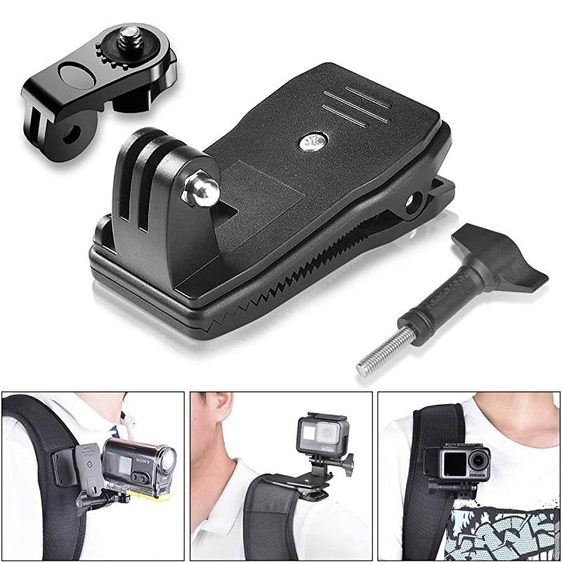 3in1 AntiSlide 360 Degree Rotary Action Camera Clamp Mount Kit Waterproof Motion Camcorder Backpack Strap Clip Holder RecMount Compatible with GoPro Sony DJI OSMO Action Akaso Sports DV