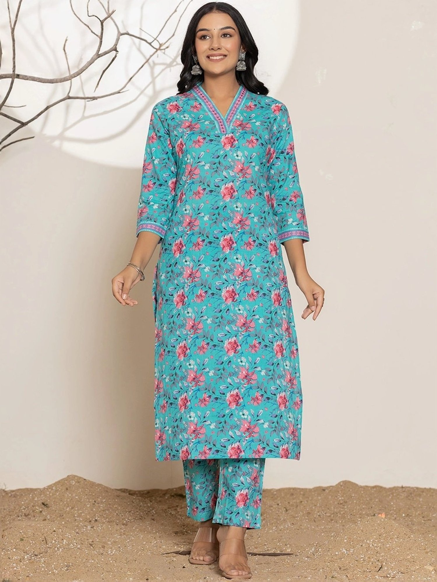 Yufta Sea Green Cotton Printed Kurta Pant Set