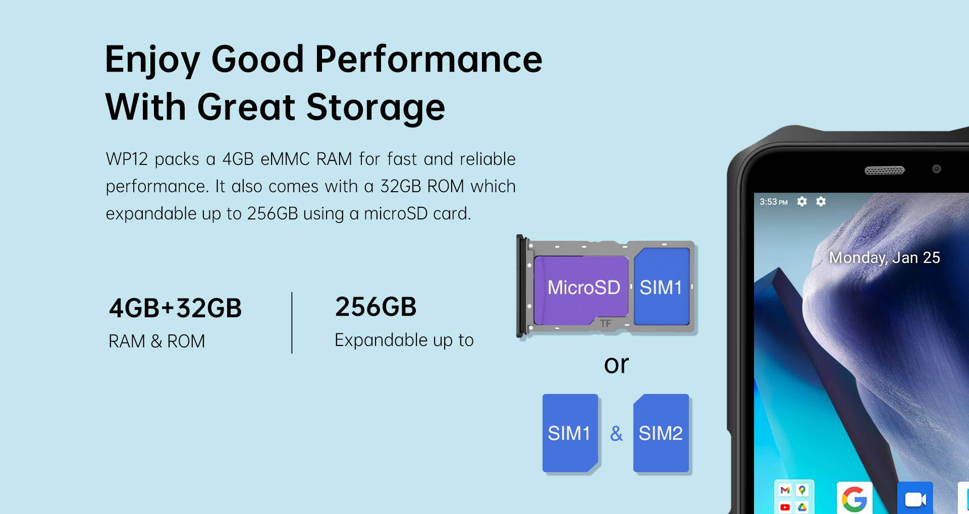 Rugged IP68 / 69K WP12 Smartphone 4GB + 32GB 4000mAh Quad Core Android11 Mobile Phone 5.5 "HD + 500W / 1300W 13MP Camera Phone