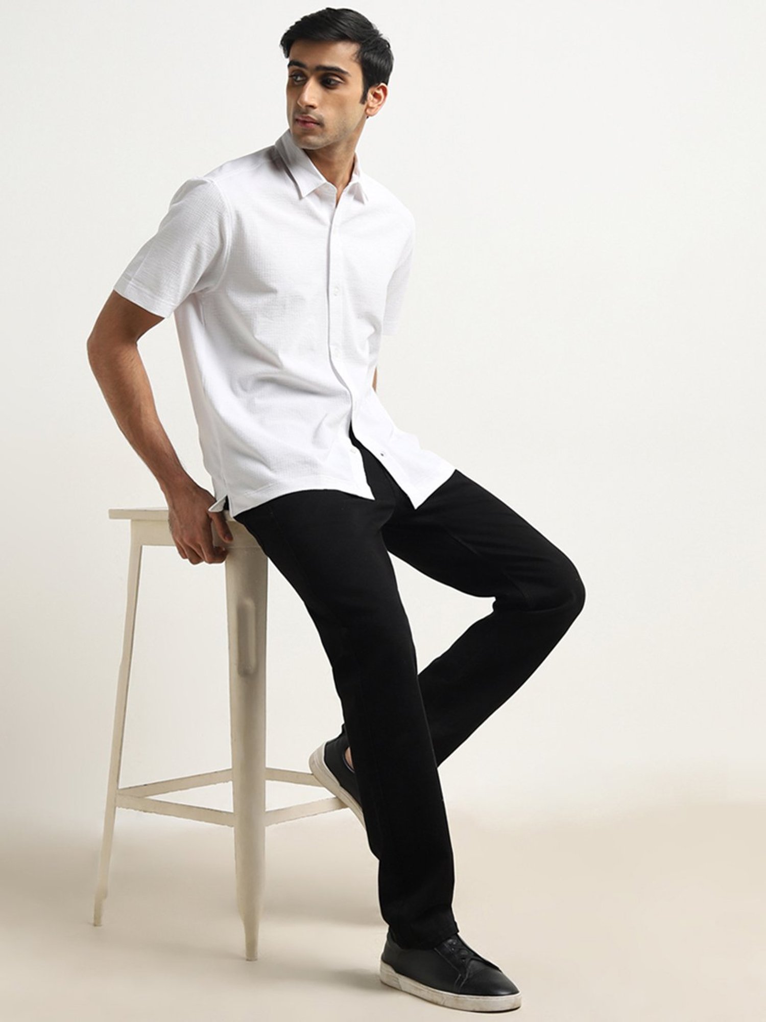 Ascot by Westside White Textured Relaxed-Fit Shirt