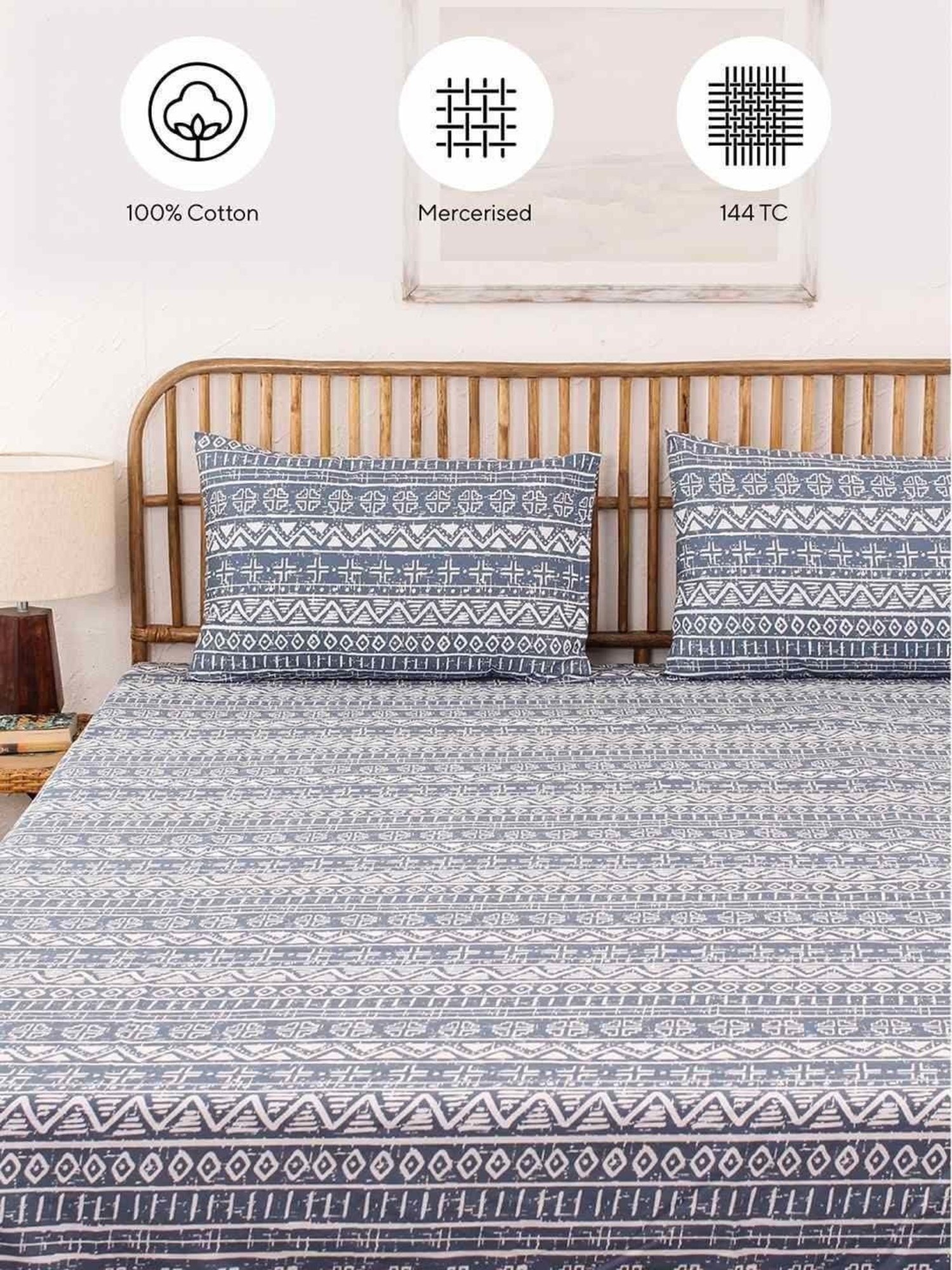 House This Kullu Patti Blue Cotton 144 TC Single Size Bedsheet With Pillow Covers