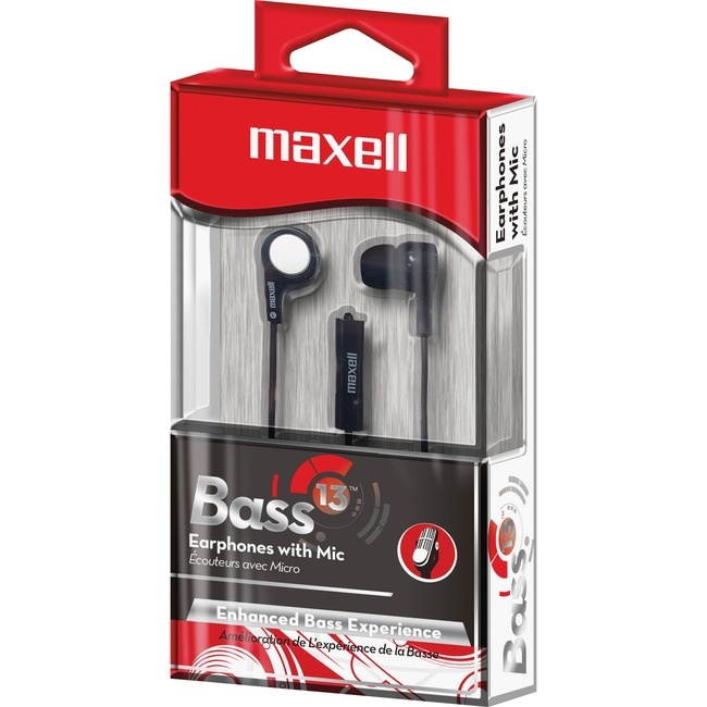 Maxell B-13 Bass Earbuds with Microphone, Black, 52" Cord 199621