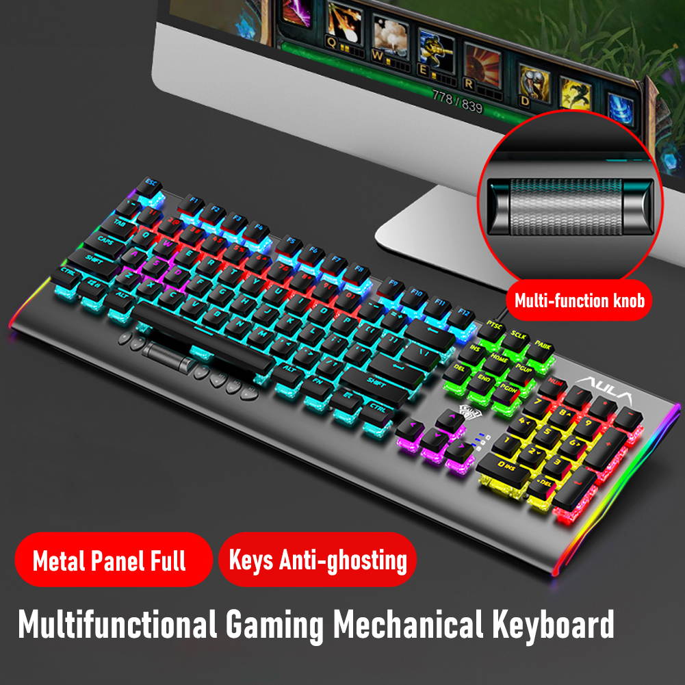 AULA F2099 RGB Mechanical Gaming Keyboard, with Media Keys, Rainbow Backlight, Slim Keycaps, Metal Panel, 104-Keys Anti-Ghosting Wired PC Gaming Keyboards for Laptop, Desktop Computer
