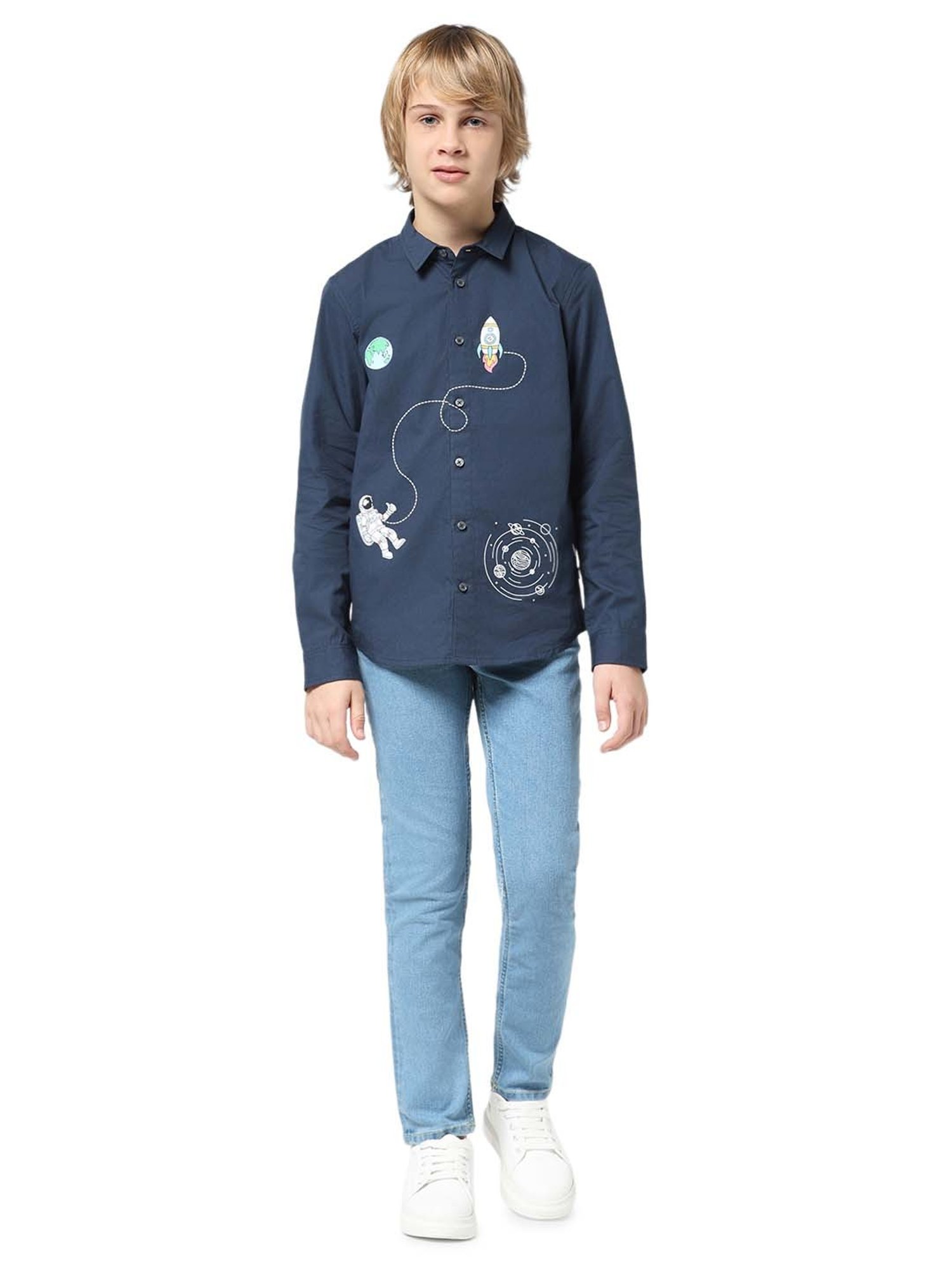 Jack & Jones Junior Poseidon Blue Cotton Printed Full Sleeves Shirt