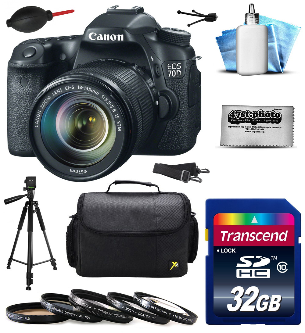 Canon EOS 70D Digital SLR Camera with 18-135mm STM Lens includes 32GB Memory + Large Case + Tripod + 5 Piece UV-CPL-FL-ND4-10x Filters + Dust Blower + Cleaning Kit 8469B016