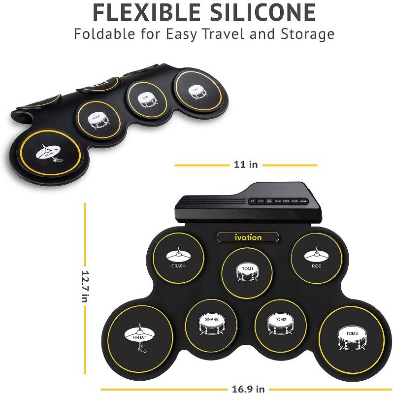 Ivation Portable Electronic Drum Pad - Digital Roll-Up Touch Sensitive Drum Practice Kit - 7 Labeled Pads 2 Foot Pedals Kids Children Beginners (No Speakers/AAA Battery Operated)
