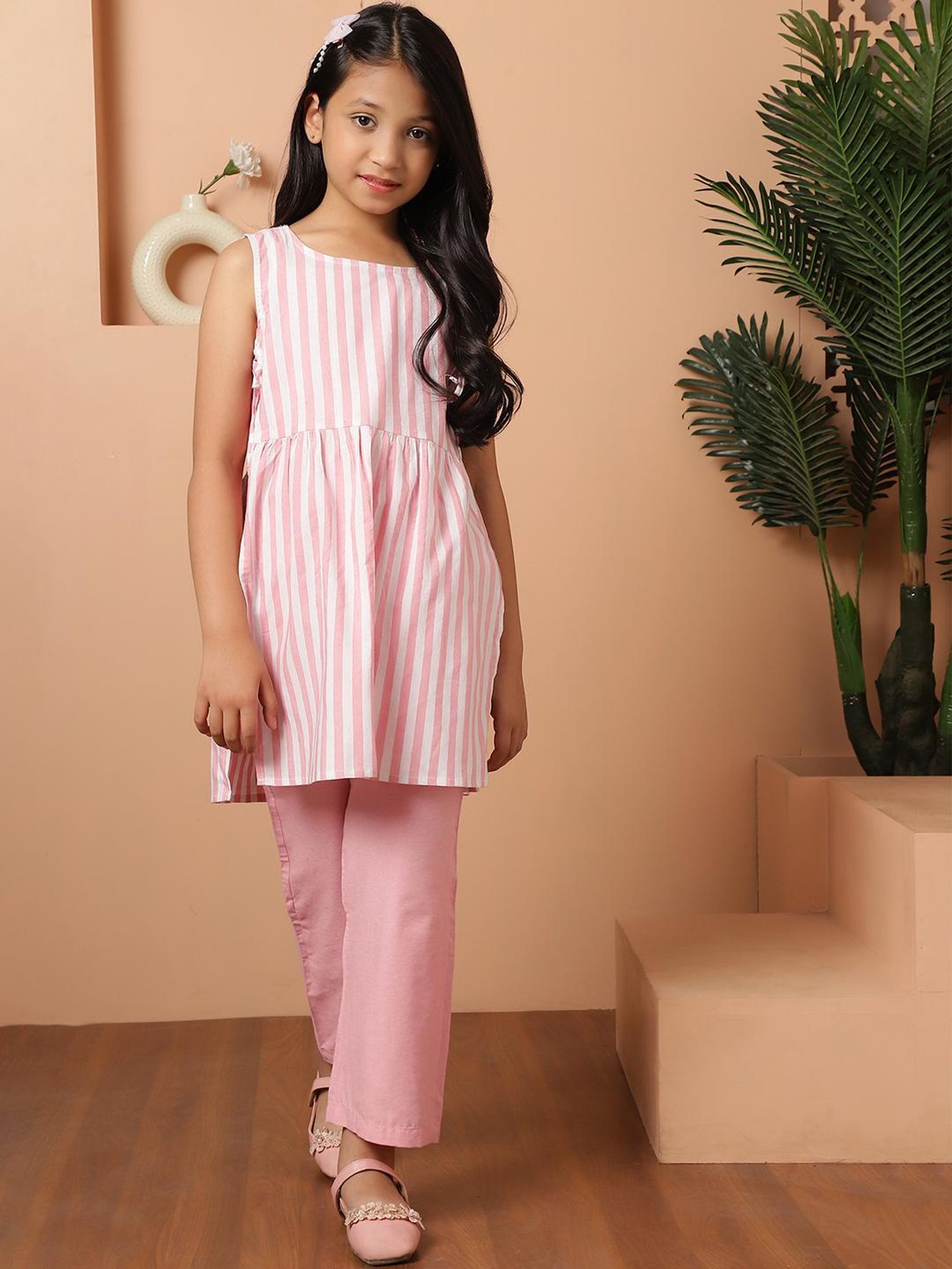 NEUDIS Kids Pink & White Striped Kurta with Trousers