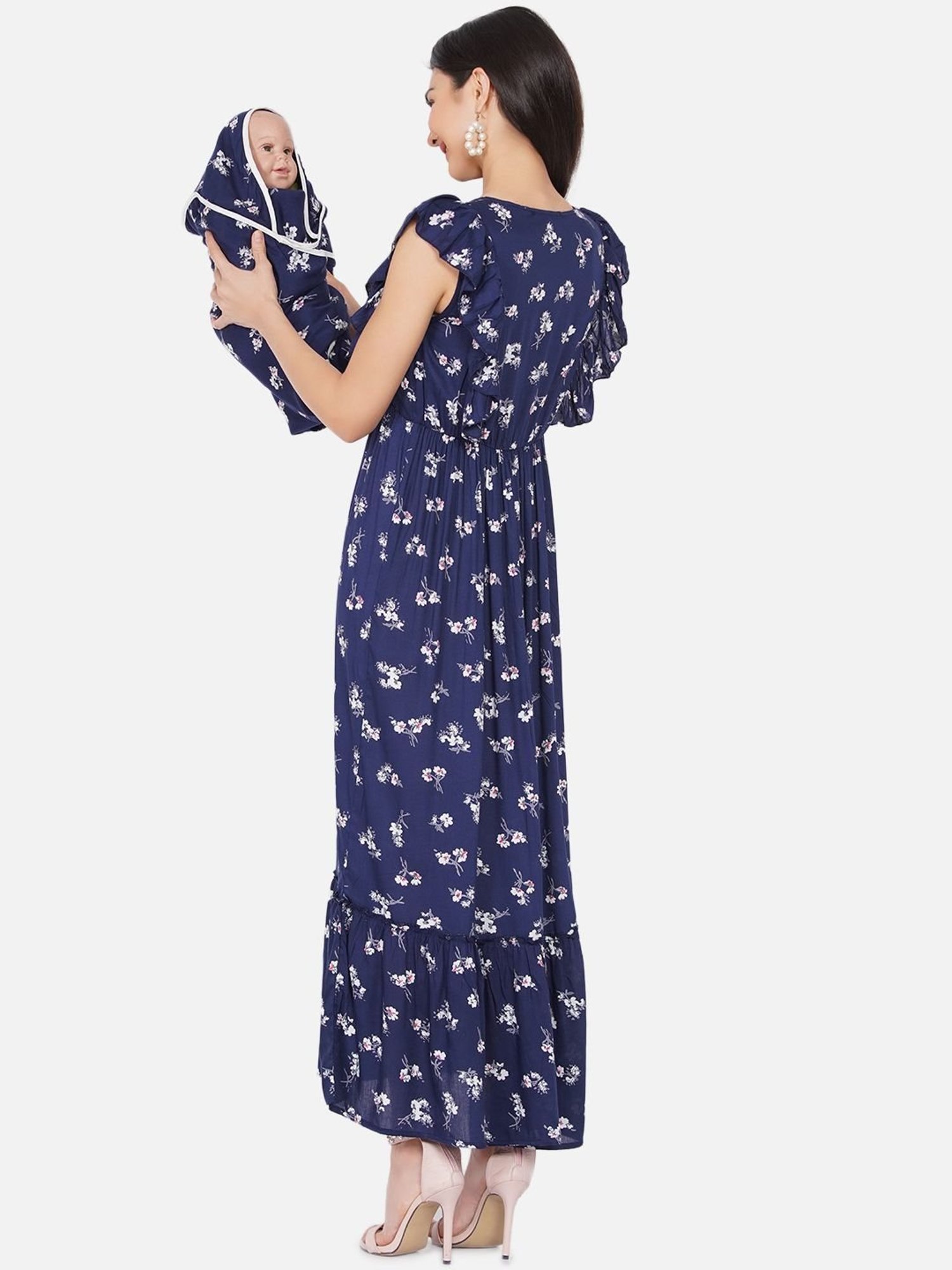 Mine4Nine Navy Floral Print Maxi Maternity Dress For Mom With Matching Baby Wrapper