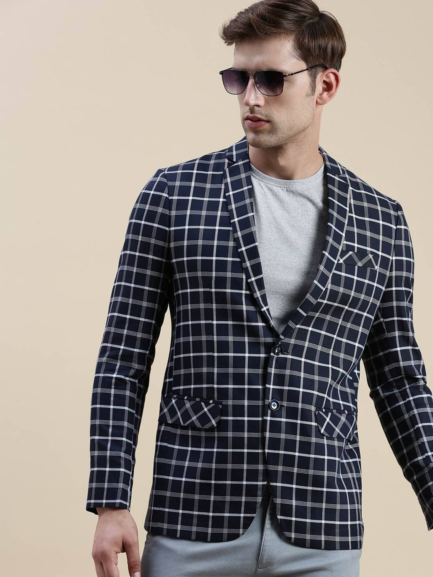 SHOWOFF Navy Blue Slim Fit Checks Blazer
