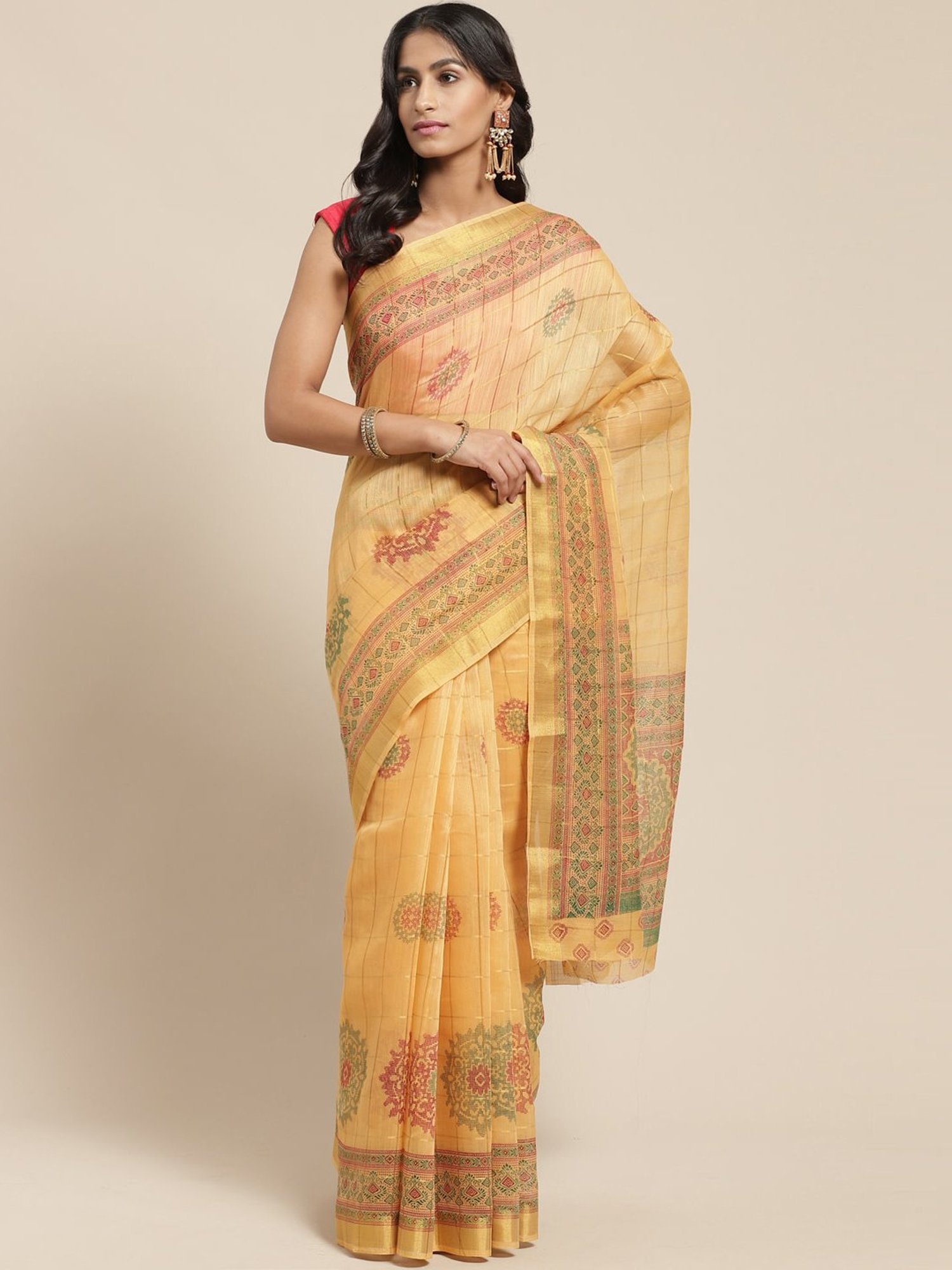 Vaamsi Peach Printed Saree With Unstitched Blouse