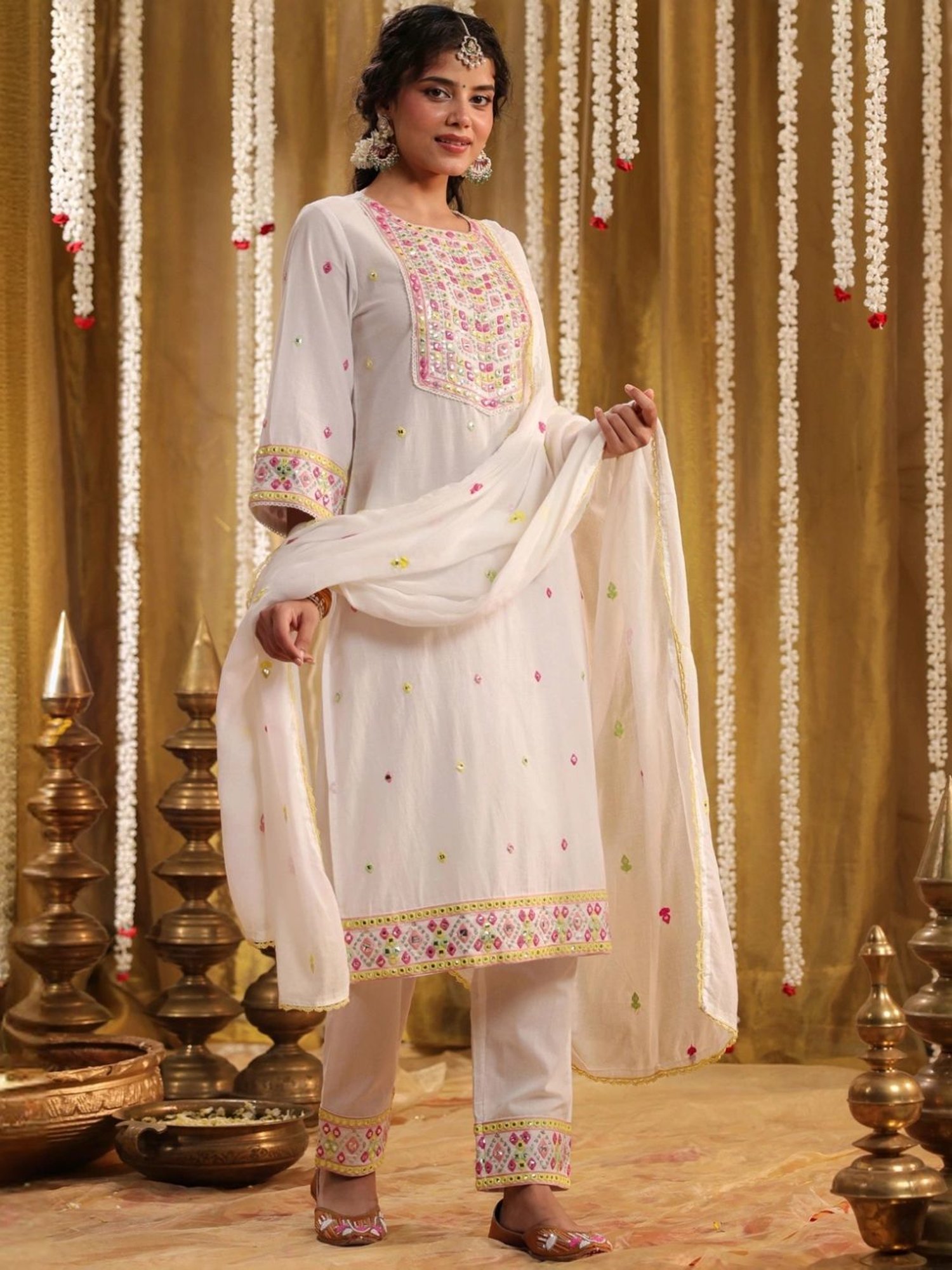 SCAKHI White Cotton Multicolour Mirror And Sequin Embroidered Kurta with Pant And Dupatta