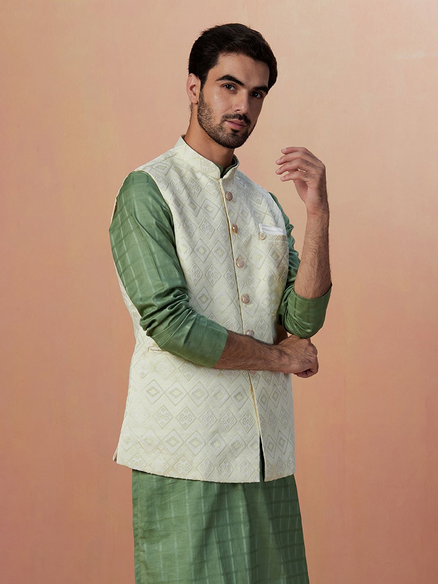 Manyavar Beige Regular Fit Self Design Nehru Jacket