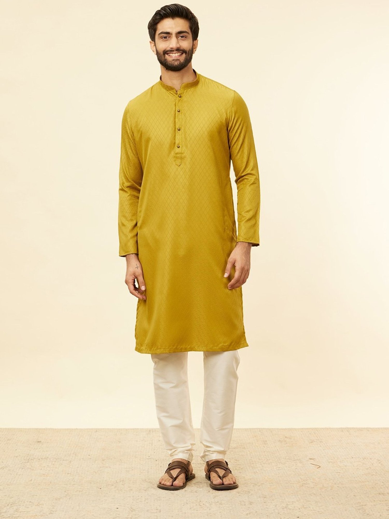 Manyavar Musterd & Begie Regular Fit Printed Kurta Bottom Set