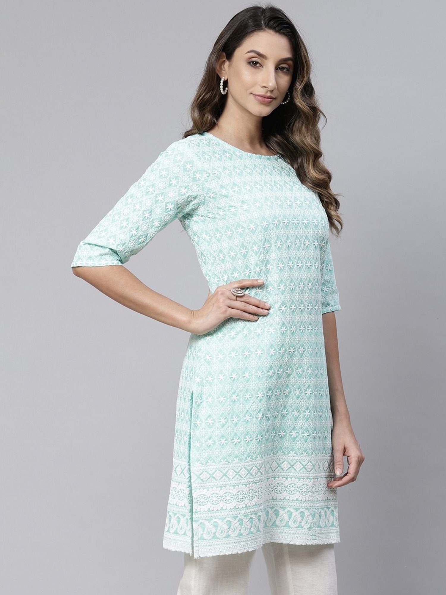 SWAGG INDIA Blue Cotton Embroidered Straight Kurti