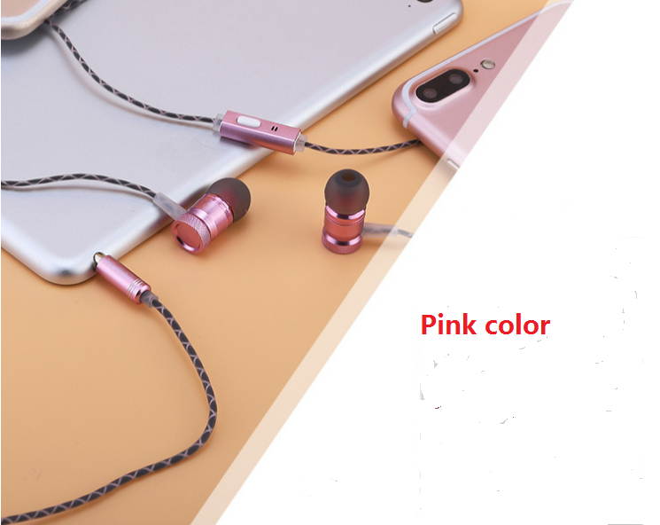 High level metal earphone with microphone HI-FI stereo sound bass sound high quality 3.5mm plug pink color