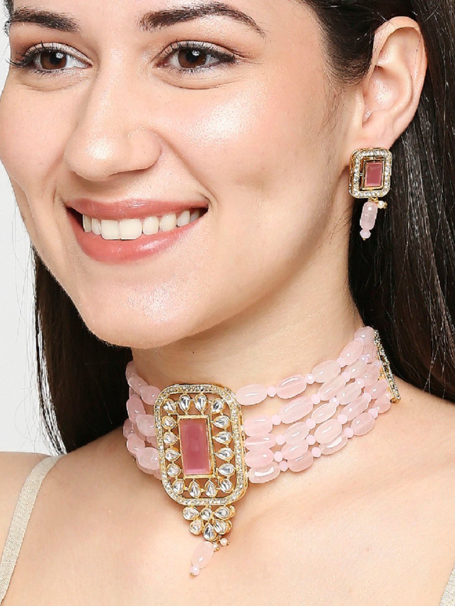 OOMPH Pink Opal Beads Ethnic Choker Set with Earrings