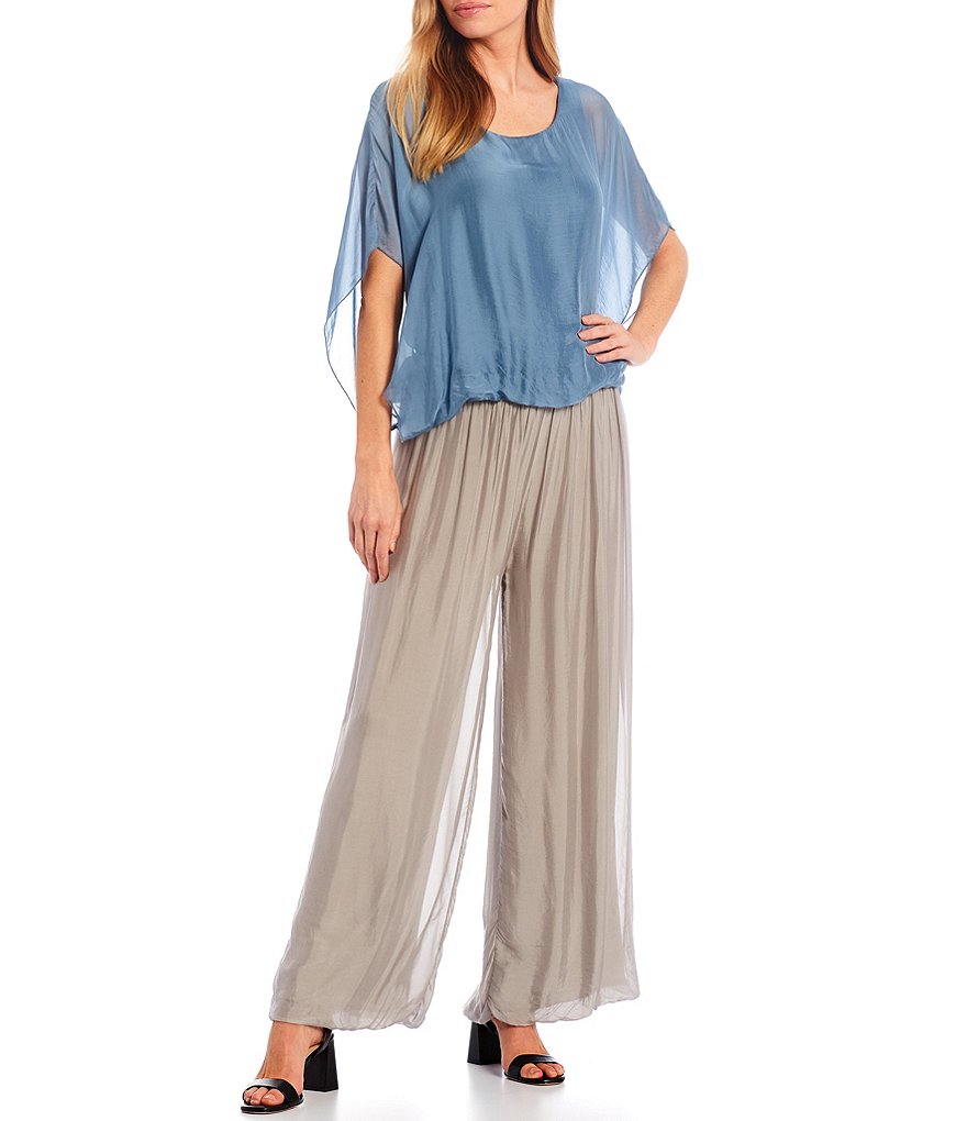 M Made in Italy Silk Blend Scoop Neck Short Flutter Sleeve Poncho Top