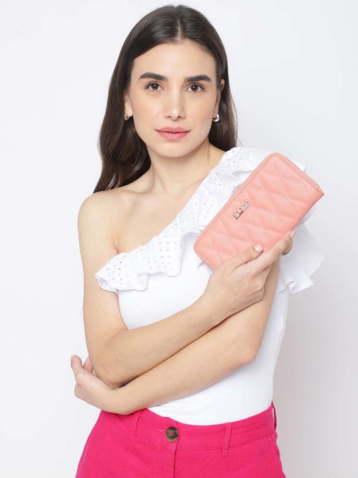 KLEIO Peach Quilted Zip Around Wallet for Women