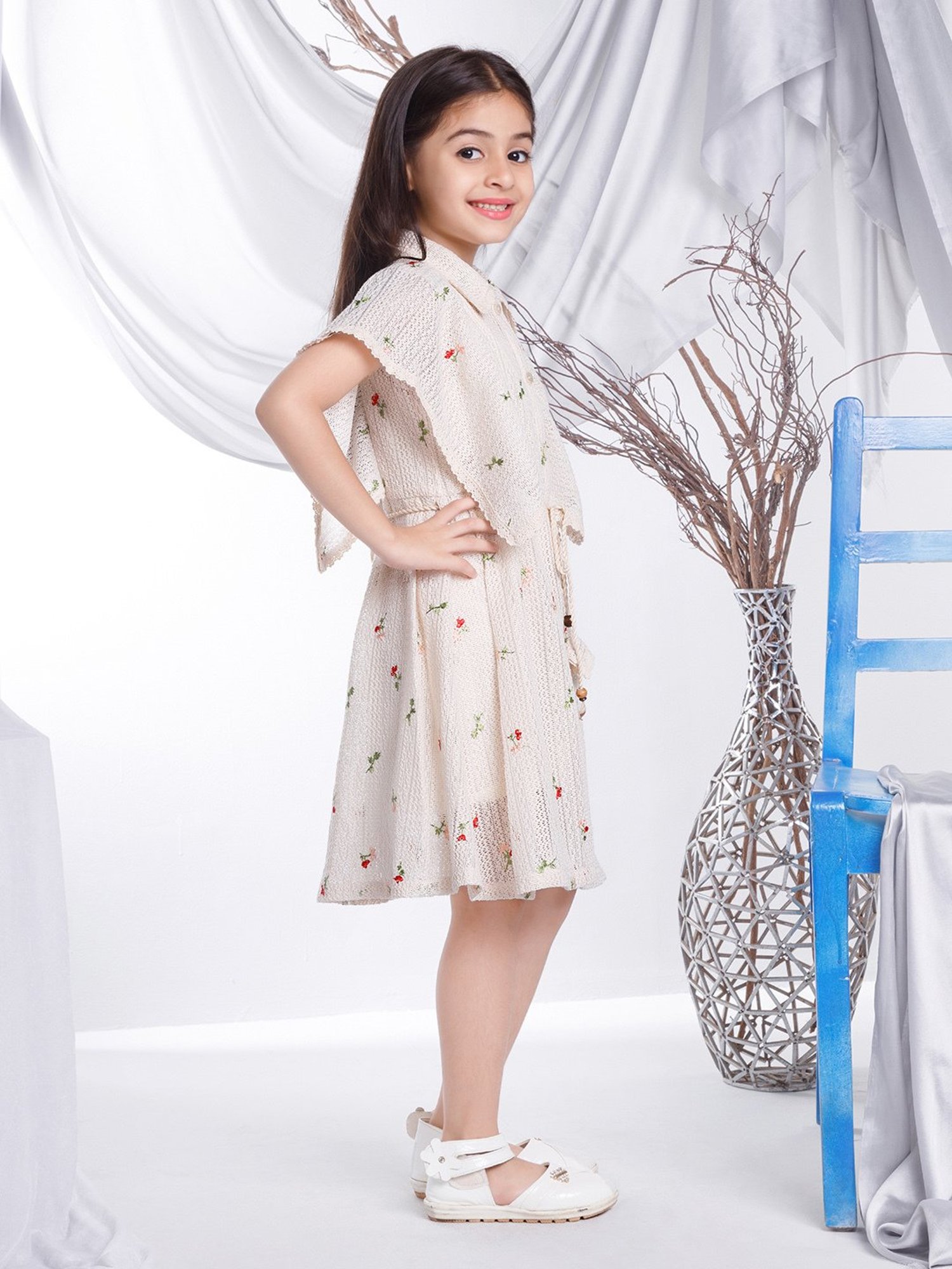 Peppermint Kids Beige Self Design Shirt Dress with Belt