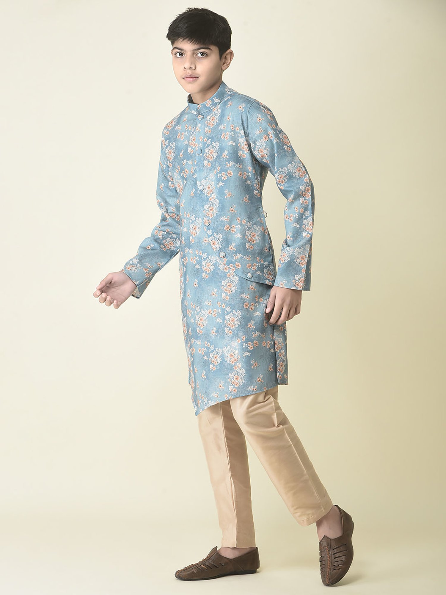TABARD Kids Blue & Beige Floral Print Full Sleeves Kurta with Churidar