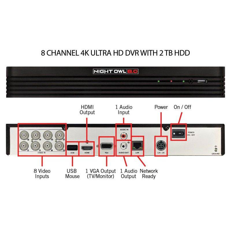night owl cl84p24k channel 4k ultra hd wired smart security dvr with 2 tb hard drive and 4x 4k ultra hd wired infrared cameras