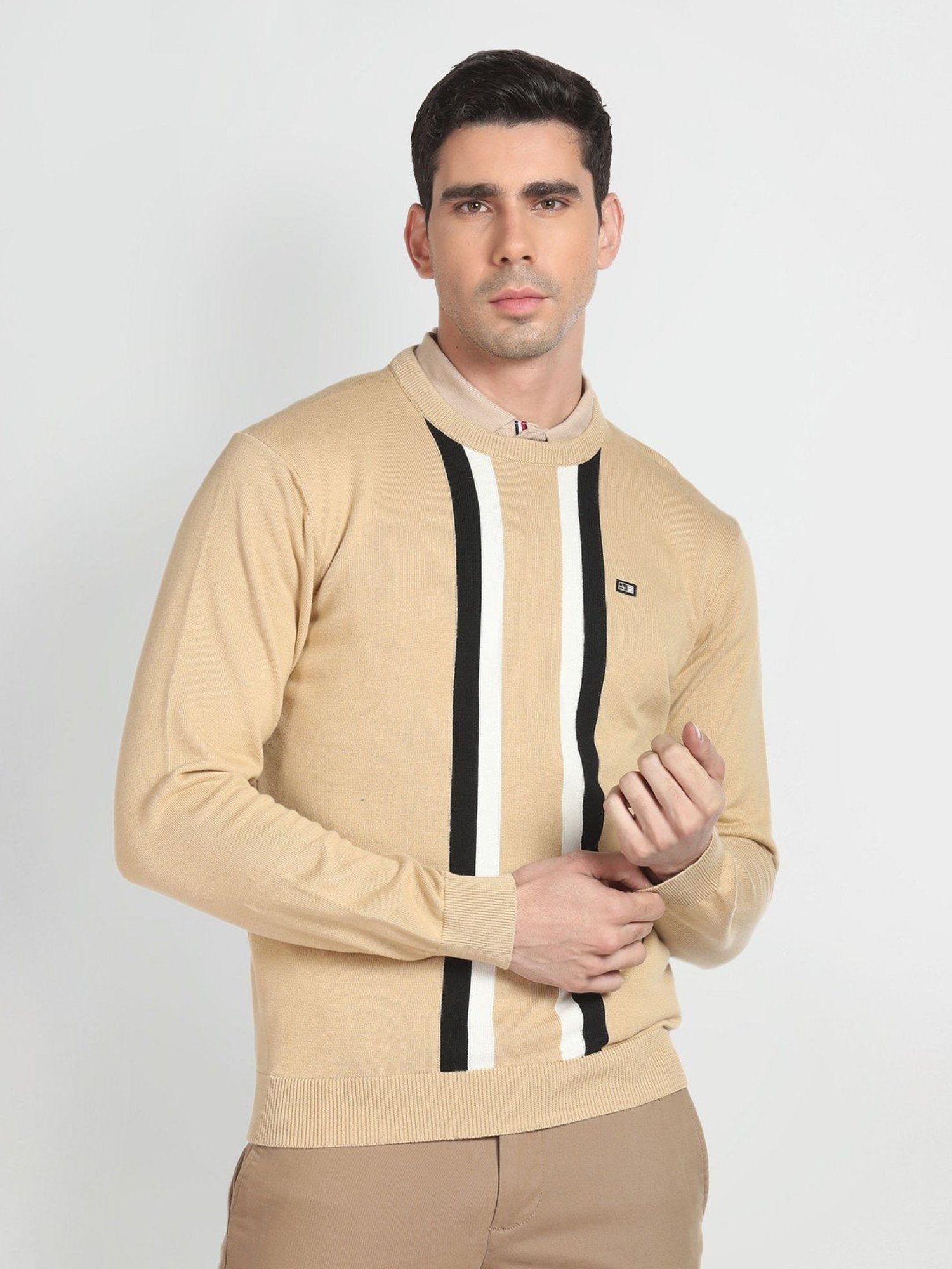 Arrow Sport Beige Cotton Regular Fit Striped Sweater