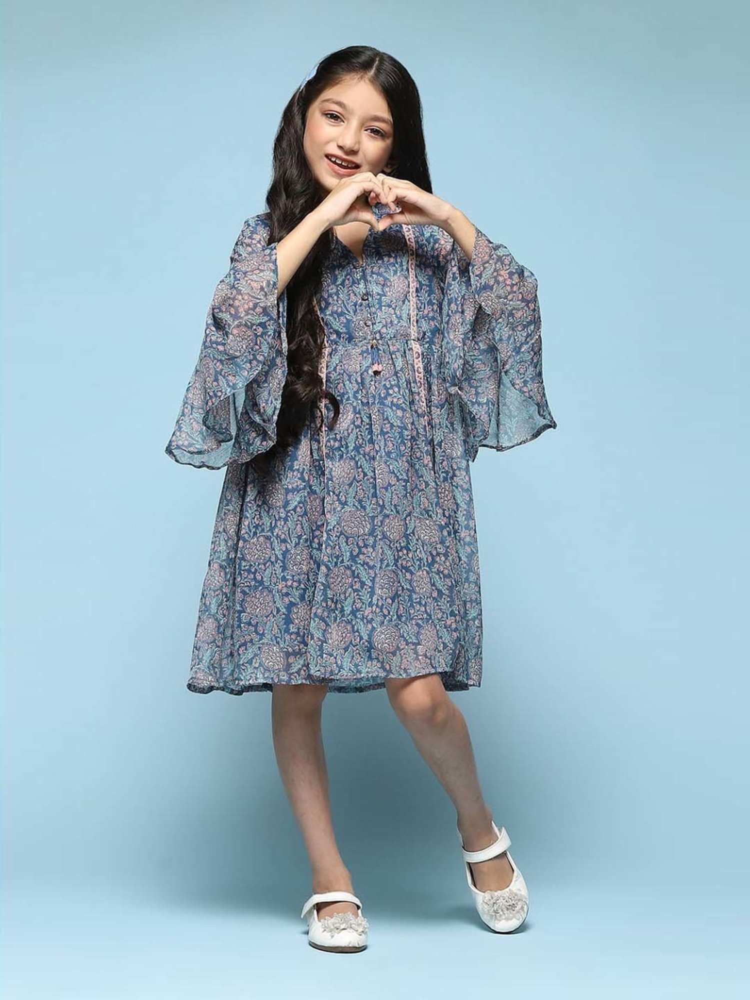 BIBA Girls Kids Blue Printed Full Sleeves Dress