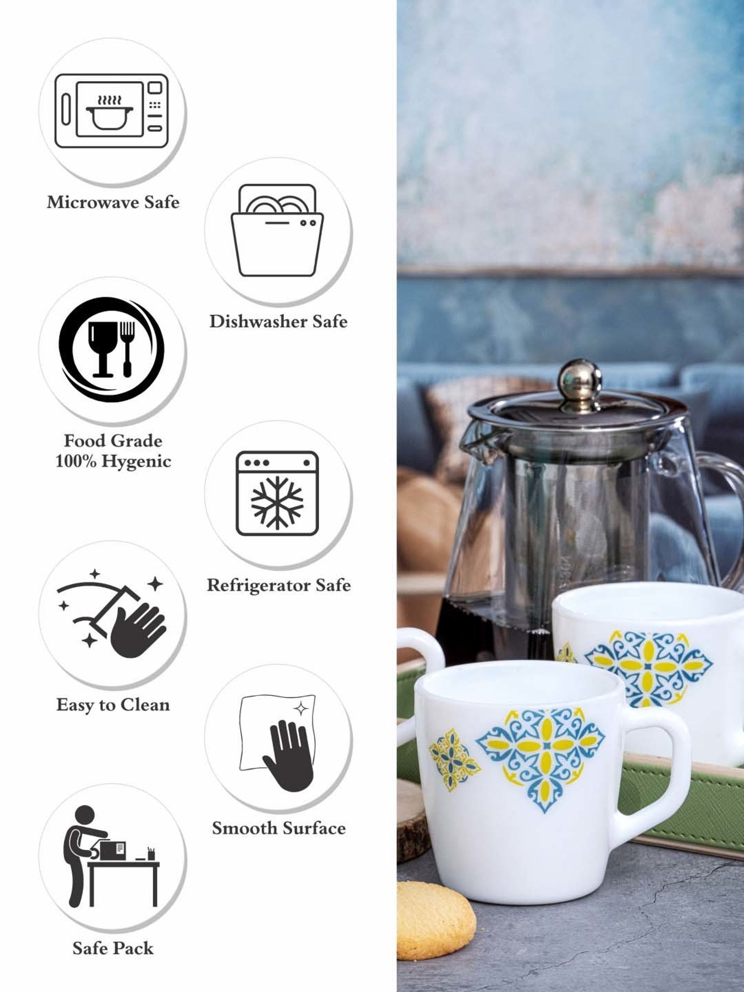 Cello White & Blue Opalware Coffee Mugs (0.18 L) - Set of 6