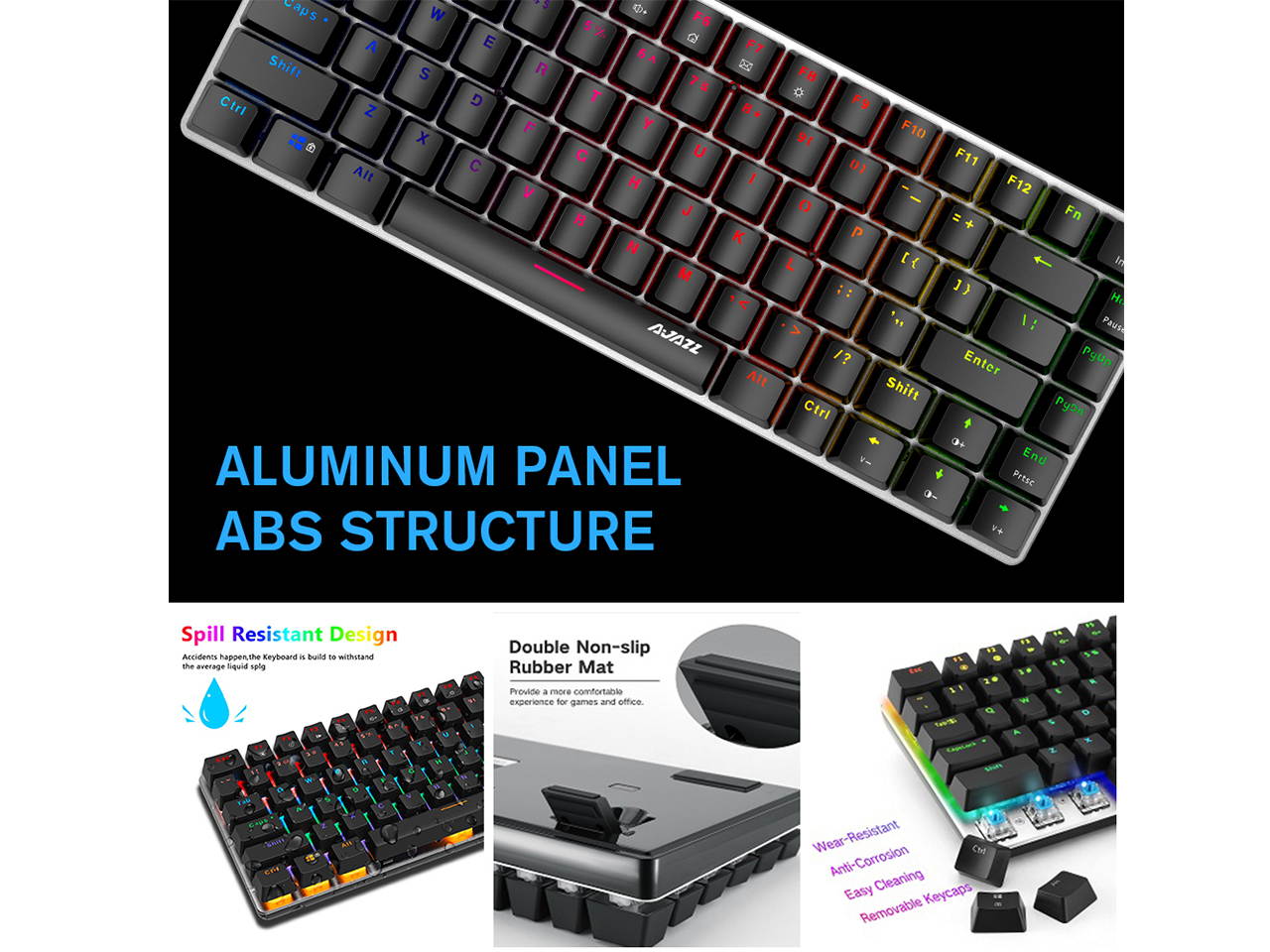 RGB Mechanical Keyboard, 82 Keys Layout, Black Switches, LED Backlit, Aluminum Portable Wired Gaming Keyboard, Pluggable Cable, for Games Work and Daily Use, Black