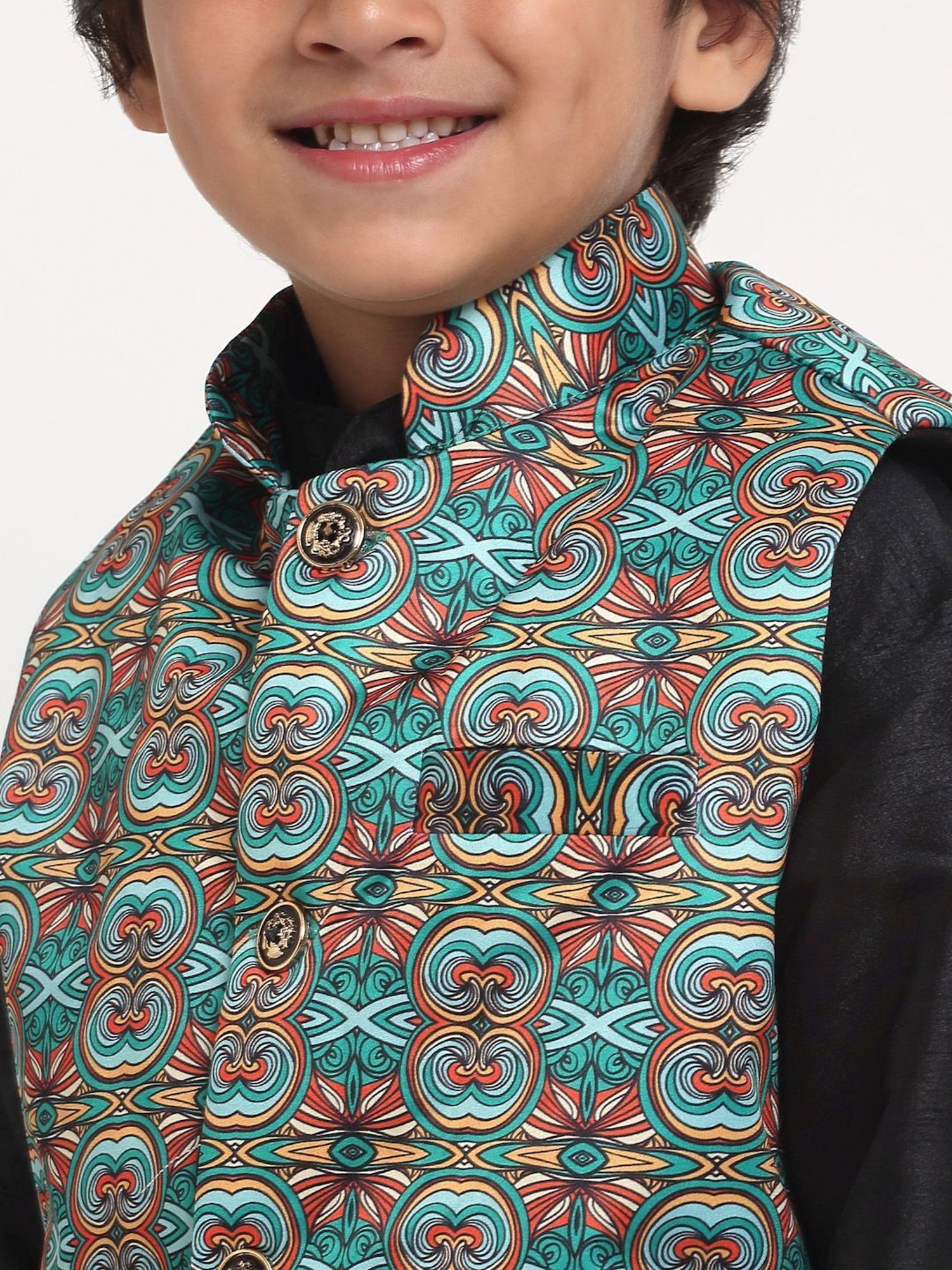 Benstoke Kids Teal Green & Orange Printed Nehru Jacket
