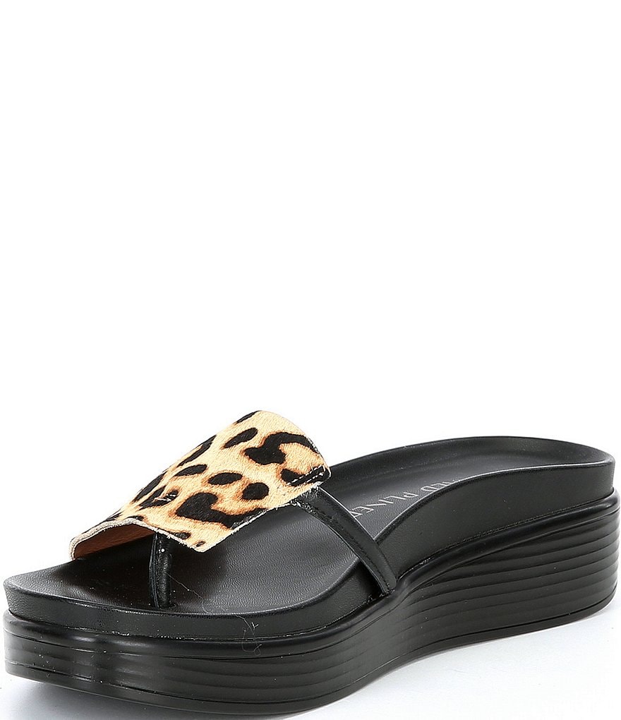 Donald Pliner Fifi Leopard Print Calf Hair Platform Wedge Thong Slides