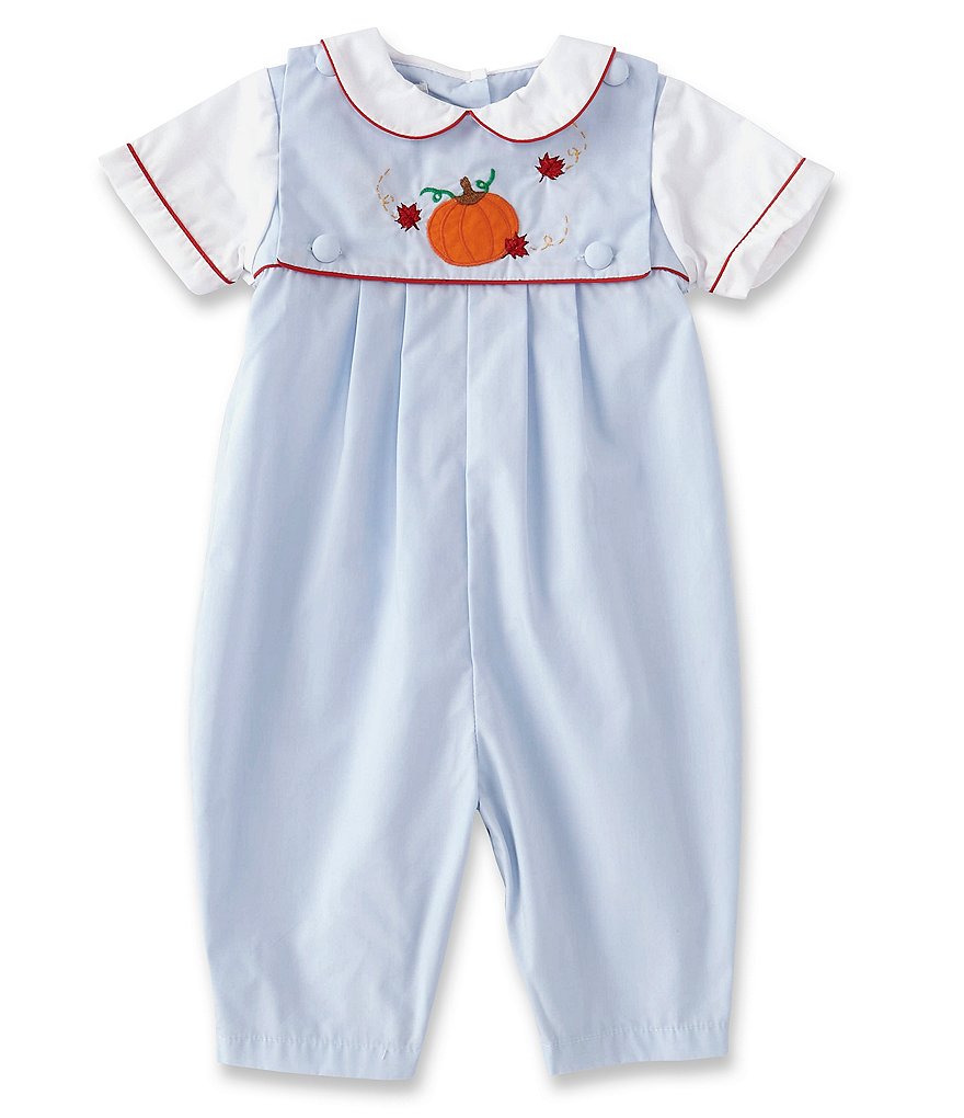 Petit Ami Baby Boys 3-24 Months Apple Embroidery Coverall & Pumpkin Bib Set