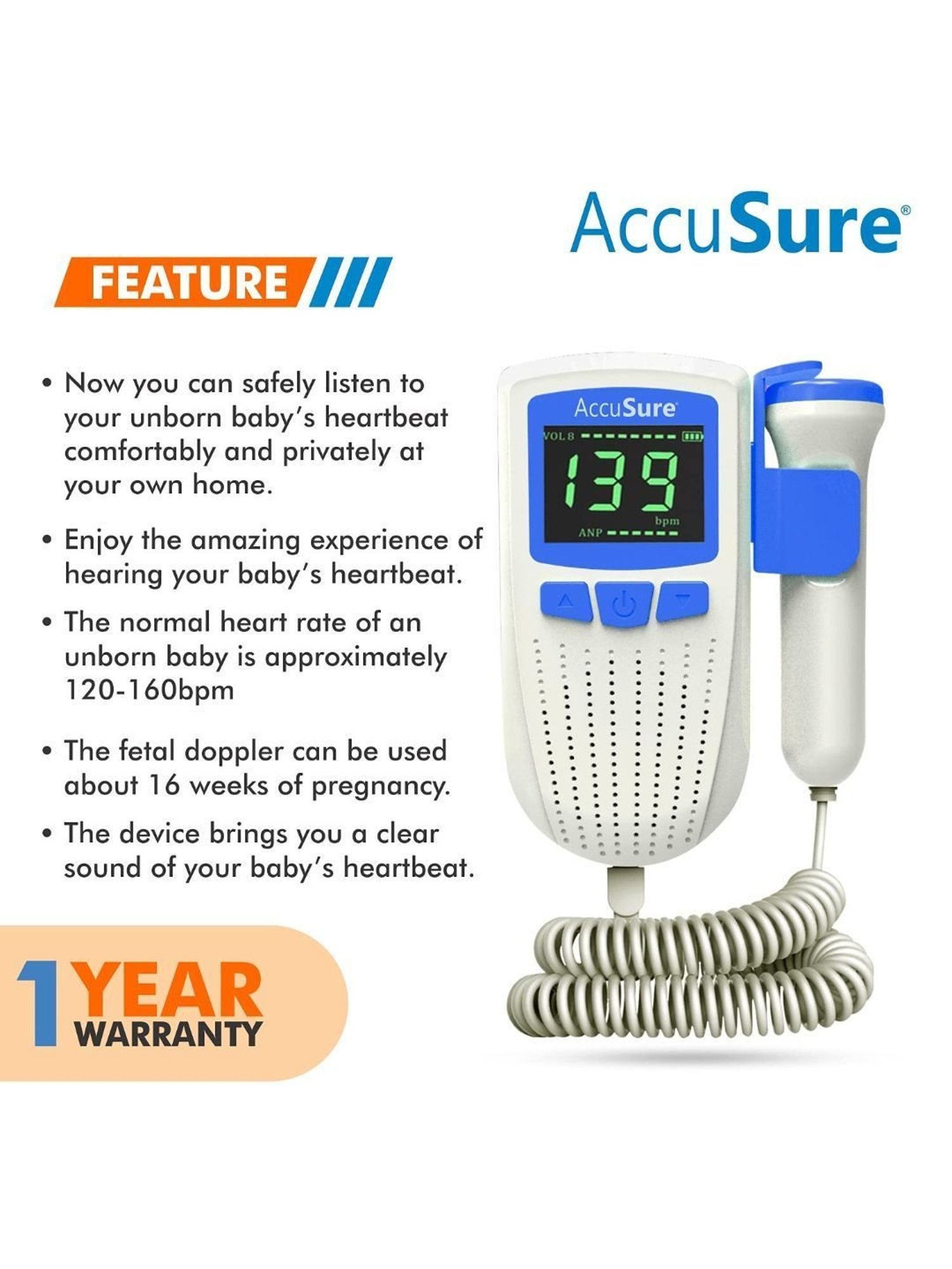 AccuSure Fetal Doppler for Doctors and Mothers with USB Charging (White)