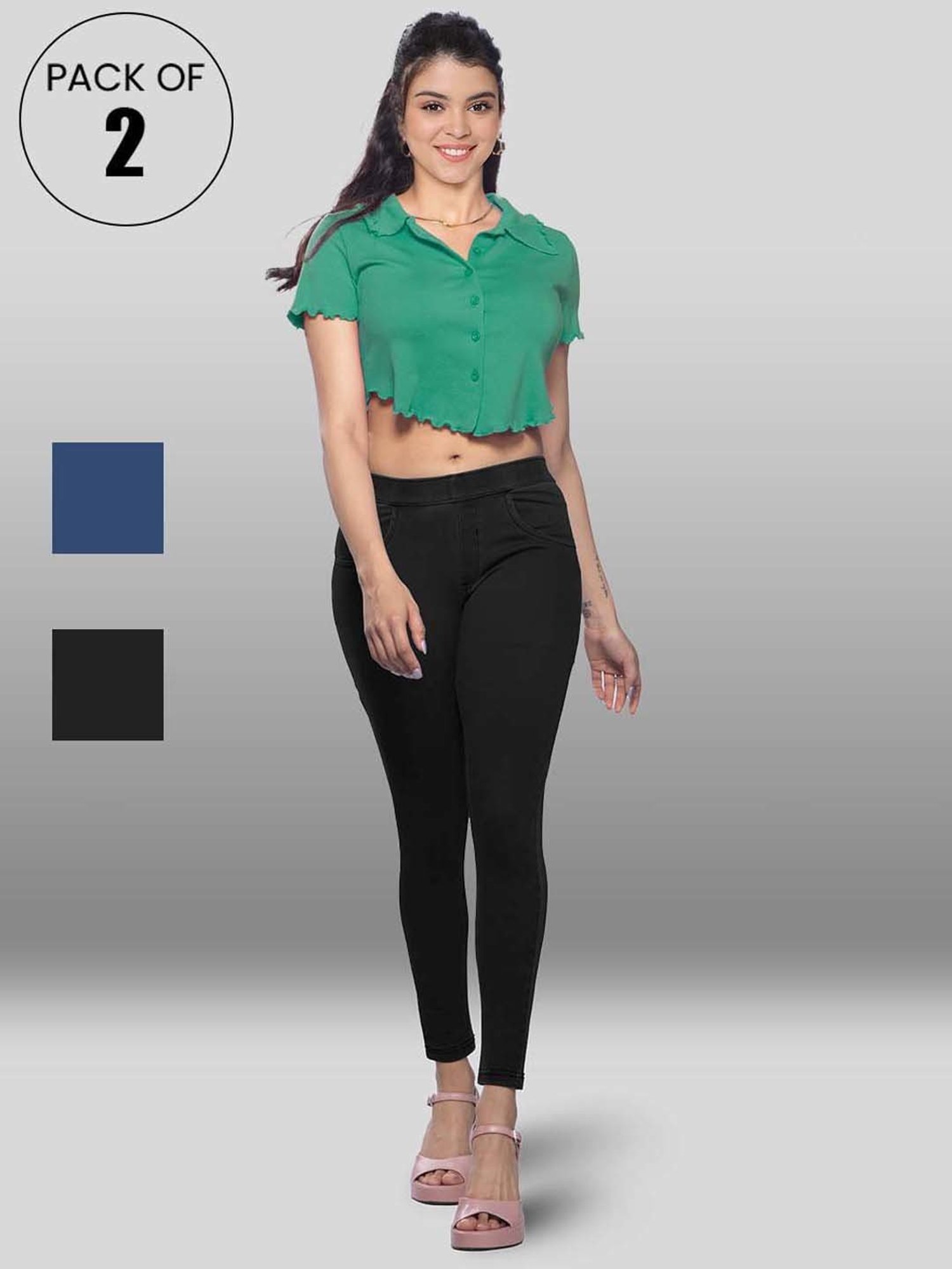 Lyra Black & Indigo Cotton Jeggings - Pack Of 2