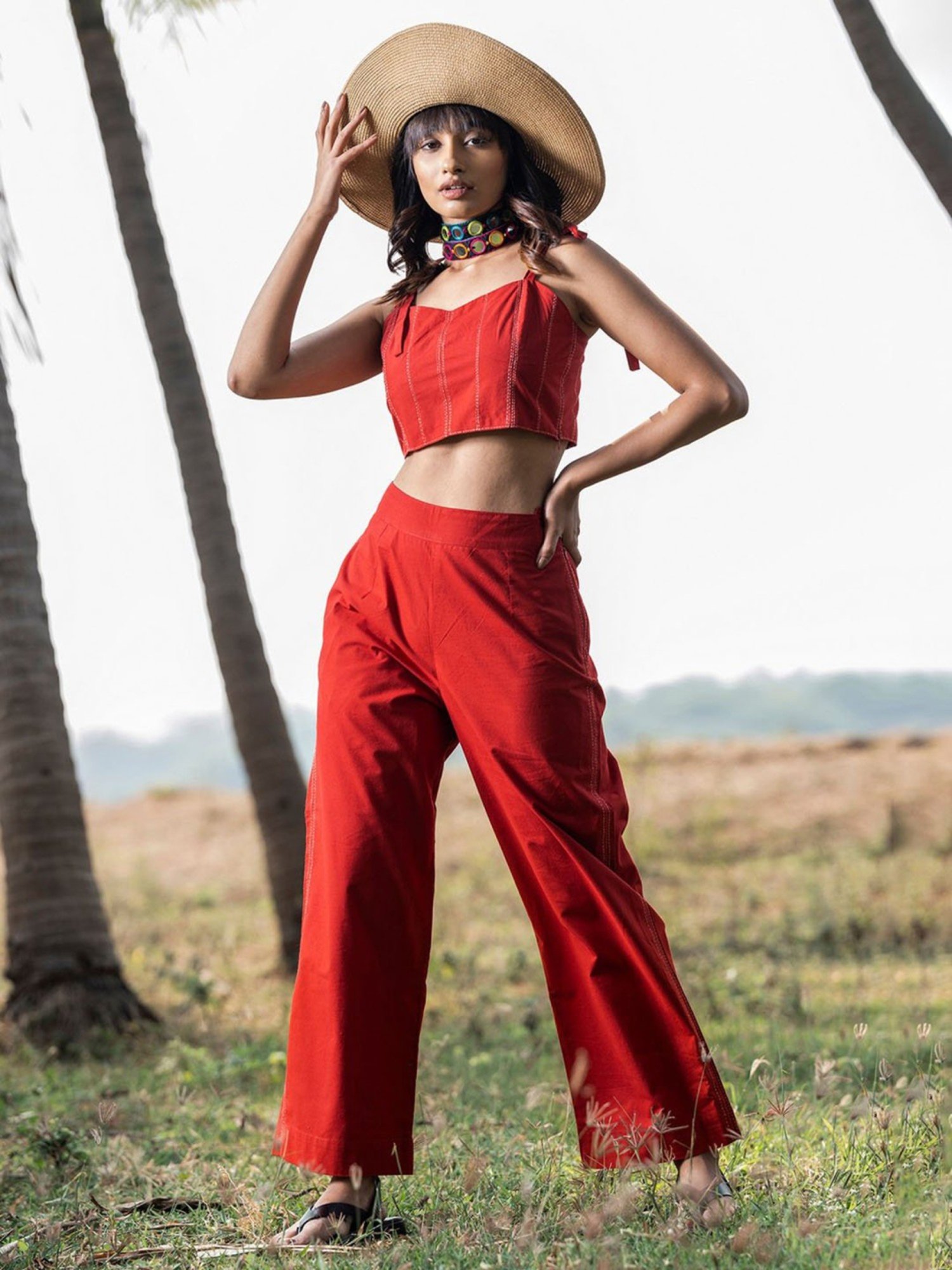 Okhai Red Pure Cotton Crop Top With Pants