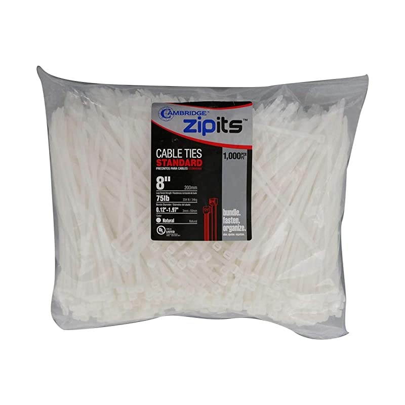 ZipIts Cable Ties 8 Inch 75 Lb Standard Duty Zip Ties 1000 Pieces Natural UL Listed Contractor Quality Industrial Strength