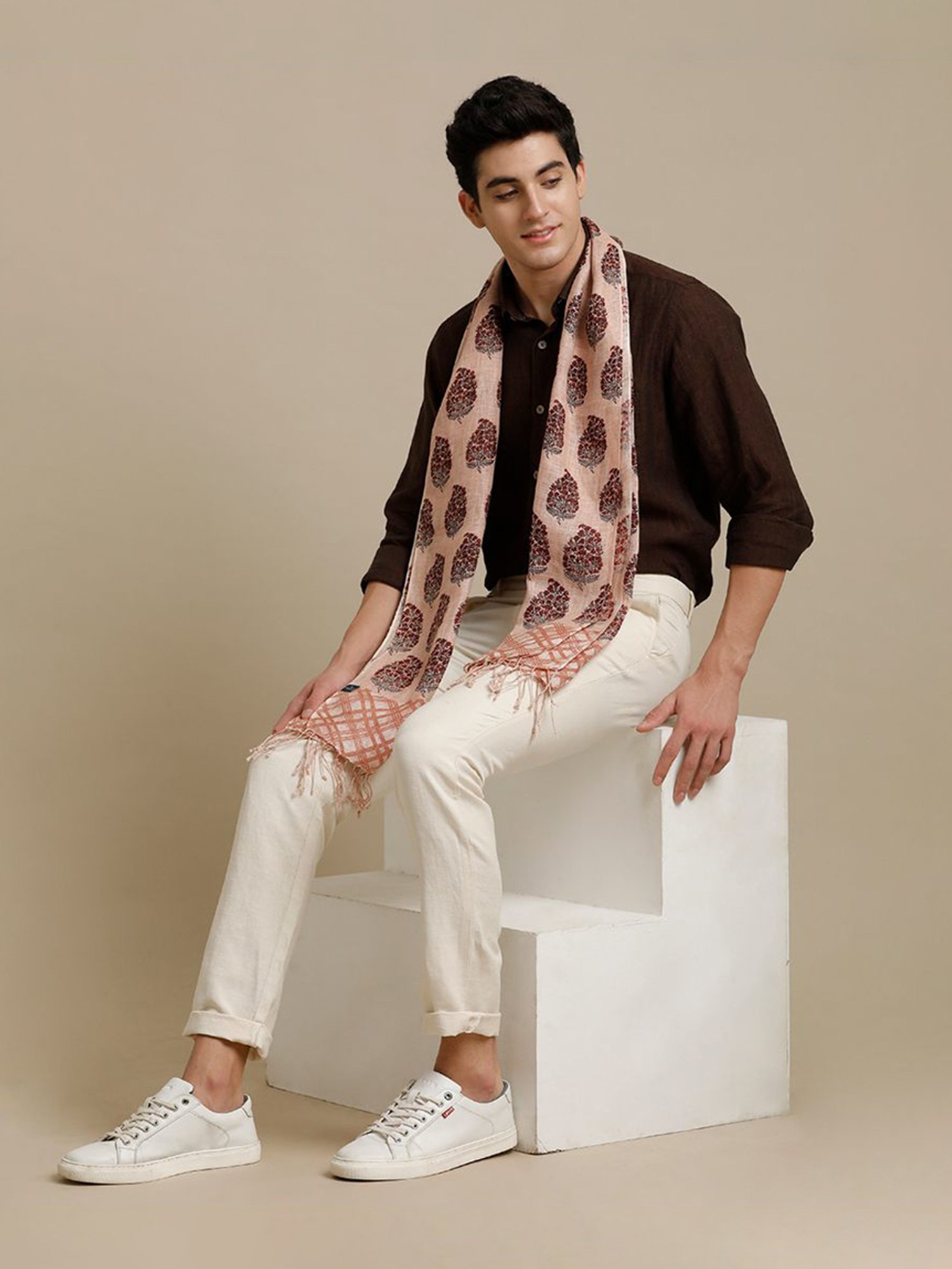 Linen Club Brown Printed Pure Linen Stole