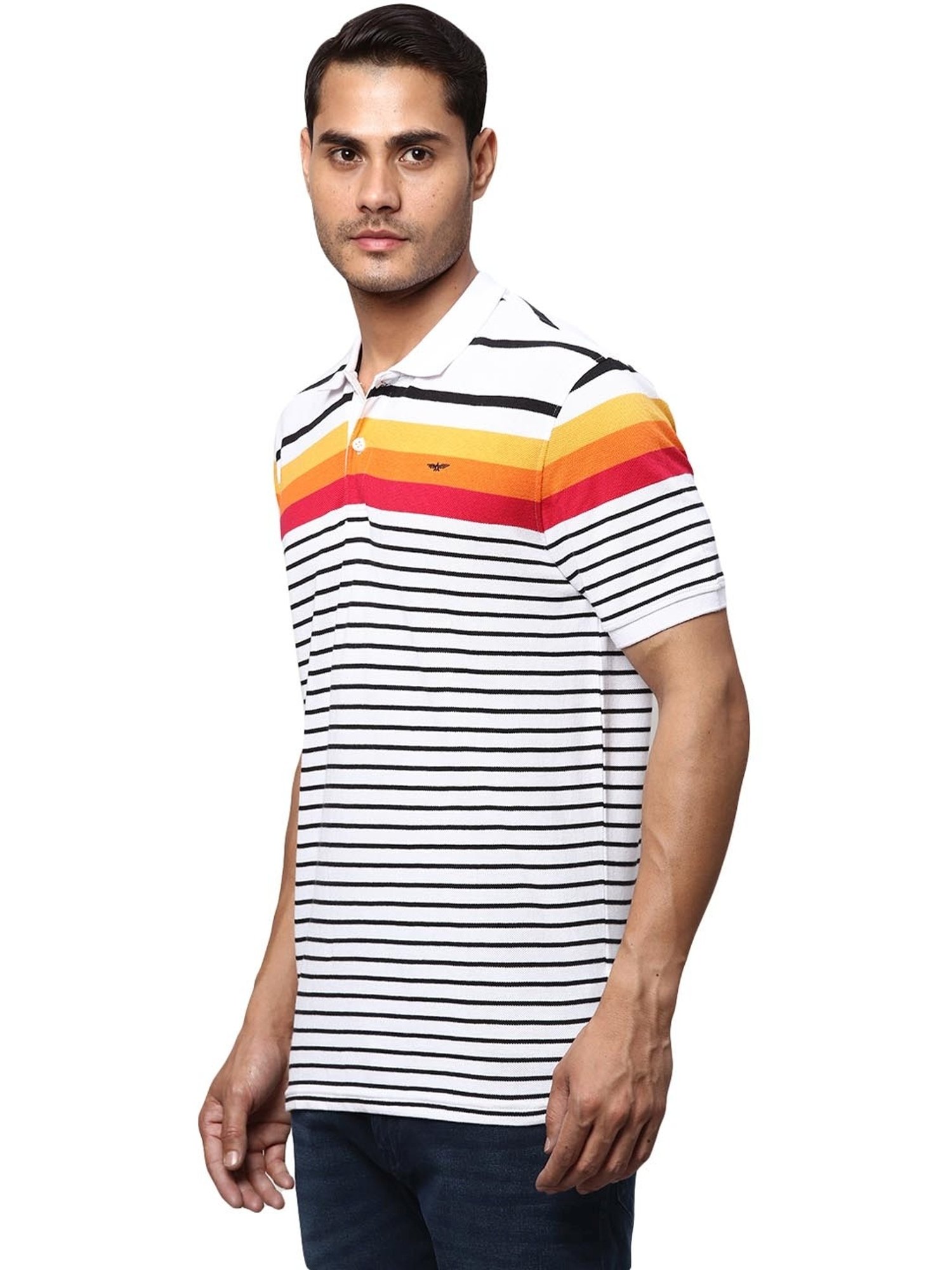 Park Avenue White  Slim Fit Striped Polo T-Shirt