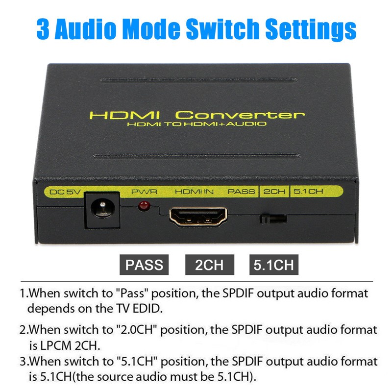 ESTONE HDMI to HDMI + SPDIF + RCA L / R Audio Extractor Converter (HDMI input,HDMI+ Audio output) Support 4K@30Hz 1080P Full HD 3D
