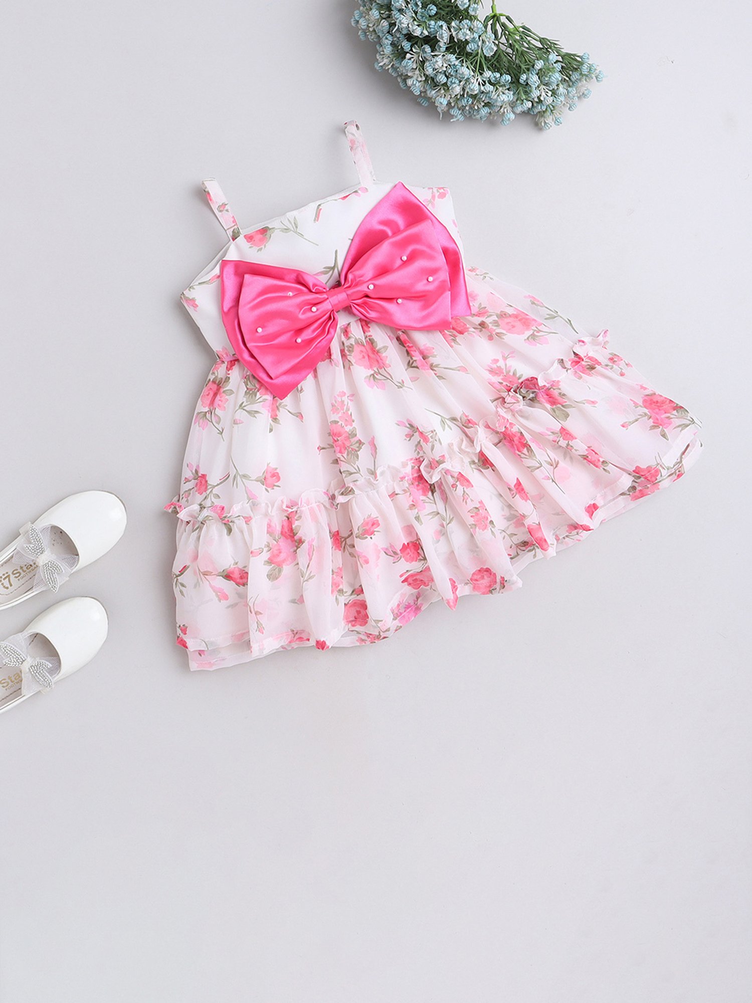 Many Frocks Kids White Floral Print Dress