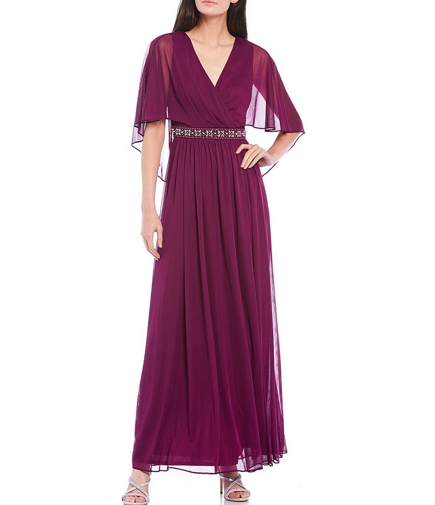 Jessica Howard Petite Size Matte Jersey Chiffon Beaded Waist V-Neck Caplet Gown