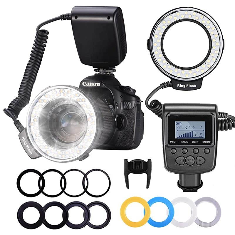 48 Macro LED Ring Flash Bundle with LCD Display Power Control Adapter Rings and Flash Diffusers for Canon 650D600D550D70D60D5D Nikon D5000D3000D5100D3100D7000D7100D800D800ED60