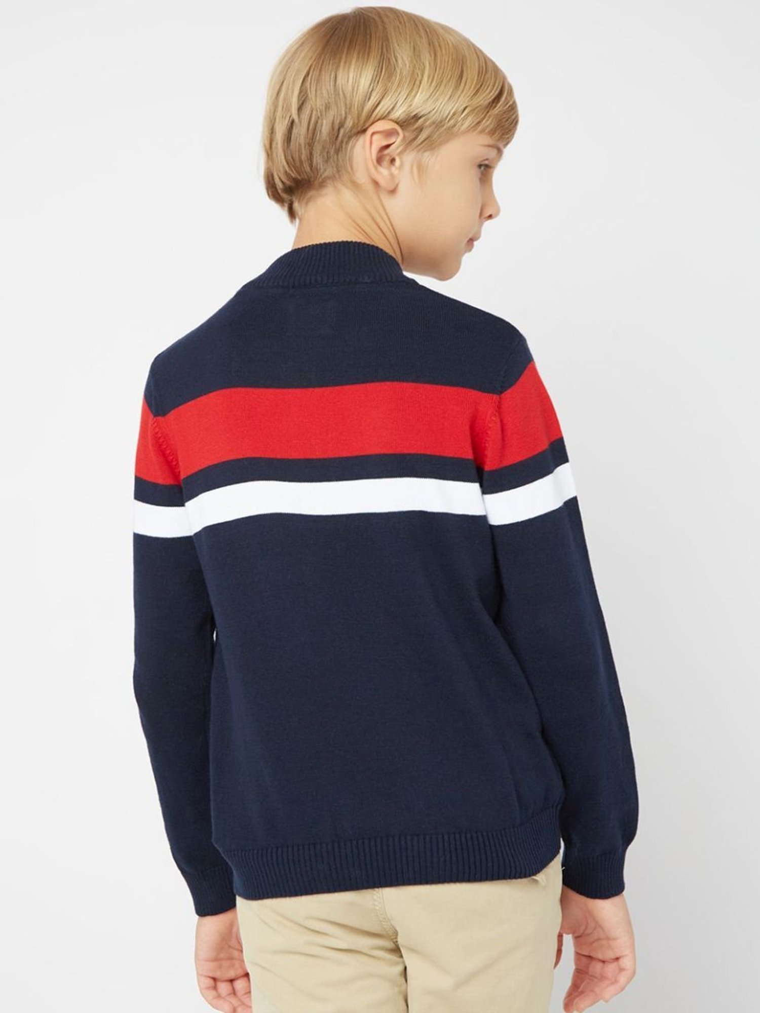 GAS Kids Navy & Red Cotton Striped Full Sleeves Sweater