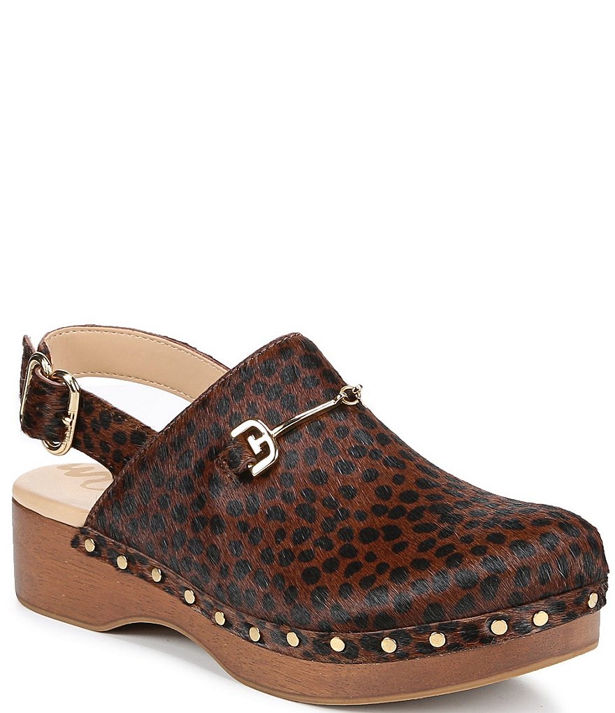 Sam Edelman Hilda Leopard Printed Calf Hair Studded Bit Buckle Clogs