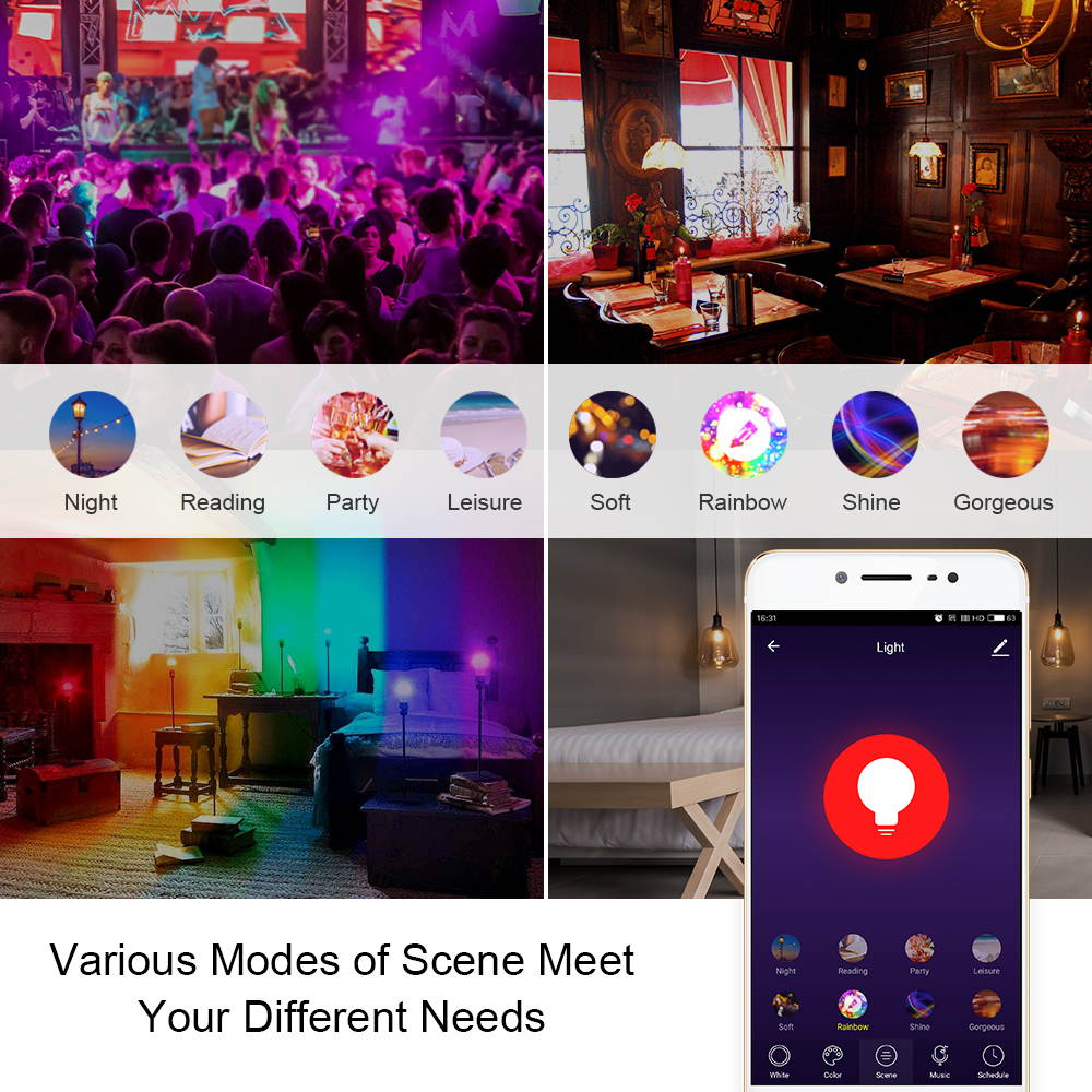 E27 Smart Wi-Fi LED Light Bulb Tunable  White & RGB Color Changing Music Lamp Voice Control APP Control Timing Function No Hub Required, Works with Alexa and Google Assistant